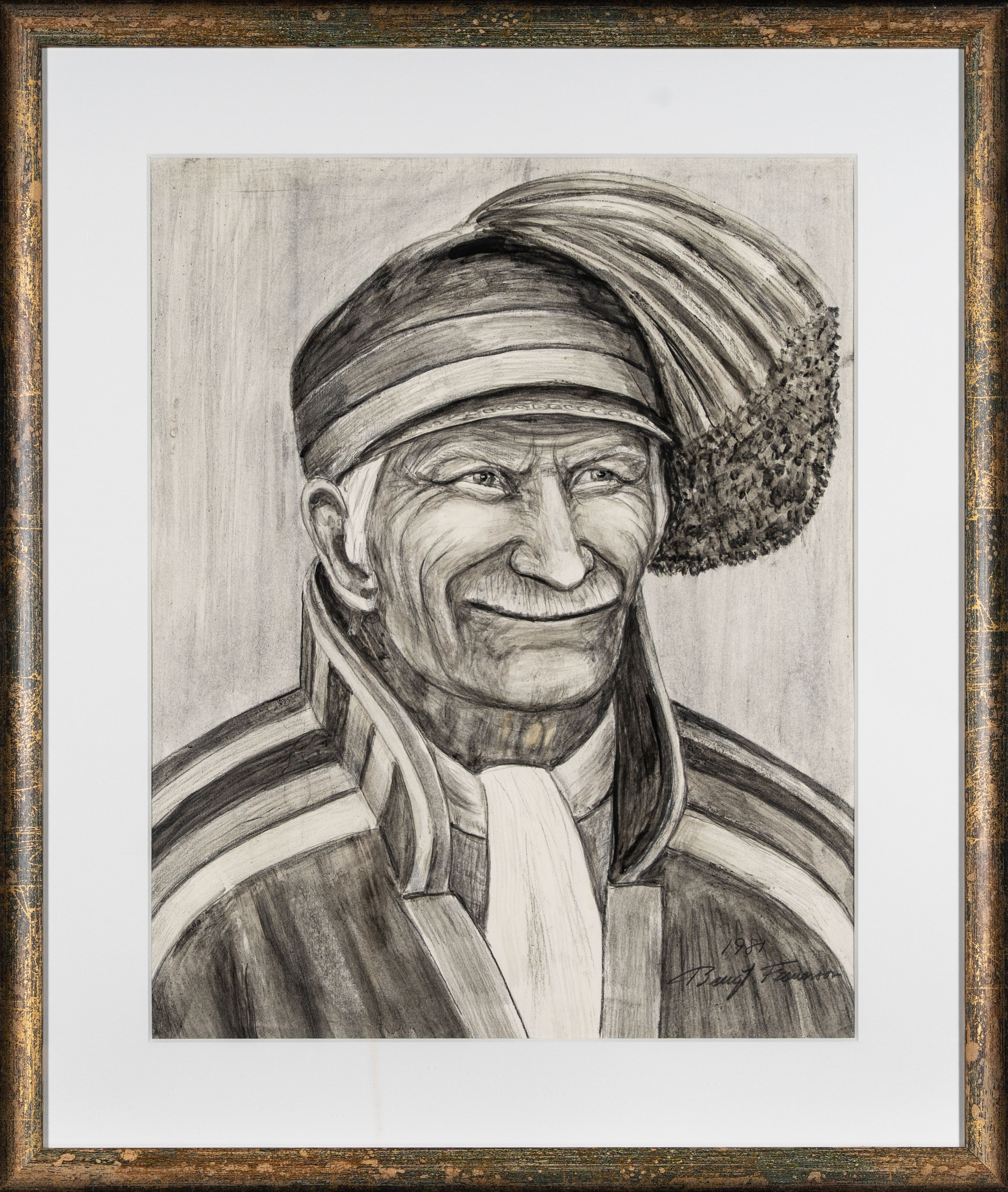 BENGT FRANSSON. Kolteckning på papper, porträtt, signerad och daterad 1988.