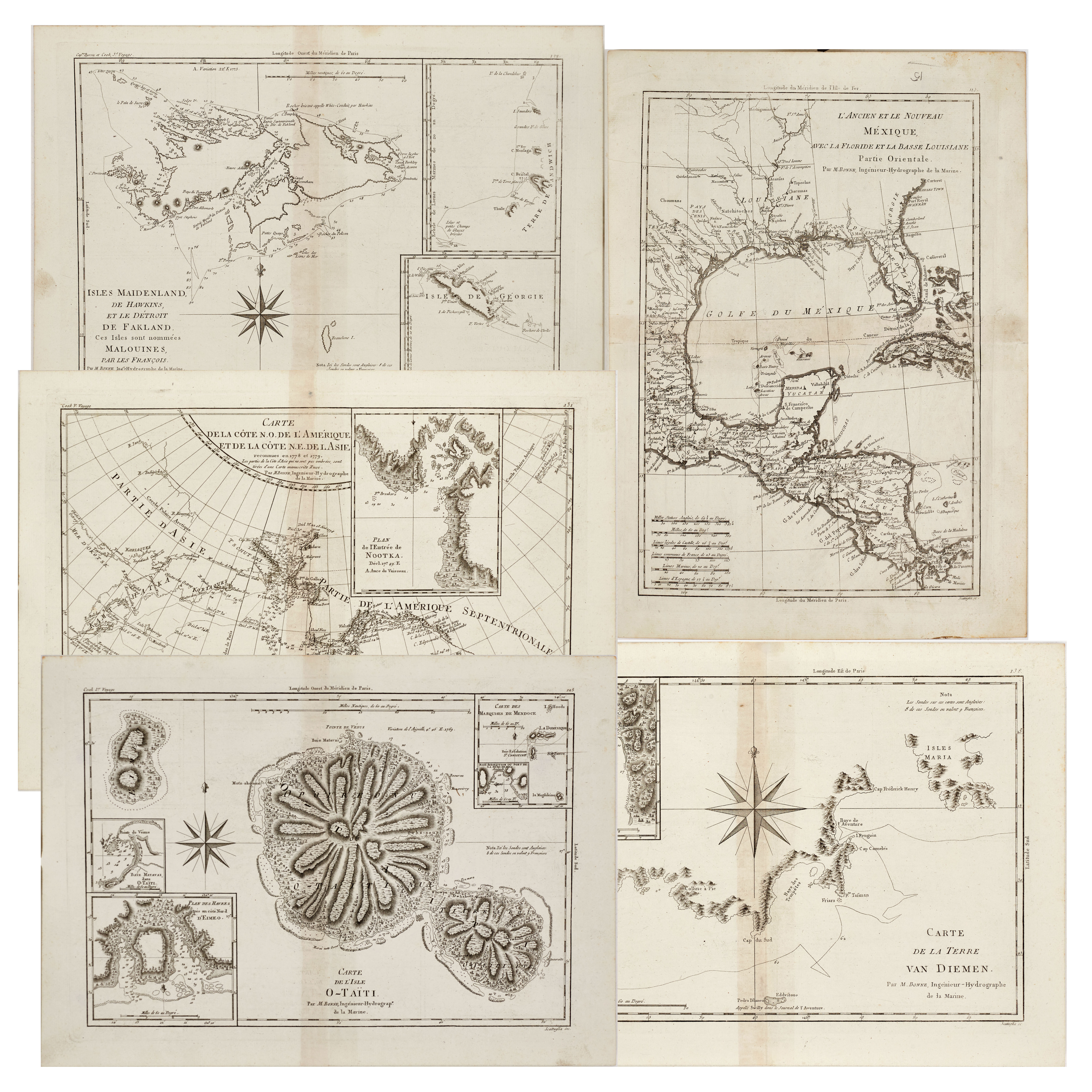 BONNÉ, 5 kartor ur: Atlas Encyclopédique, 1788.