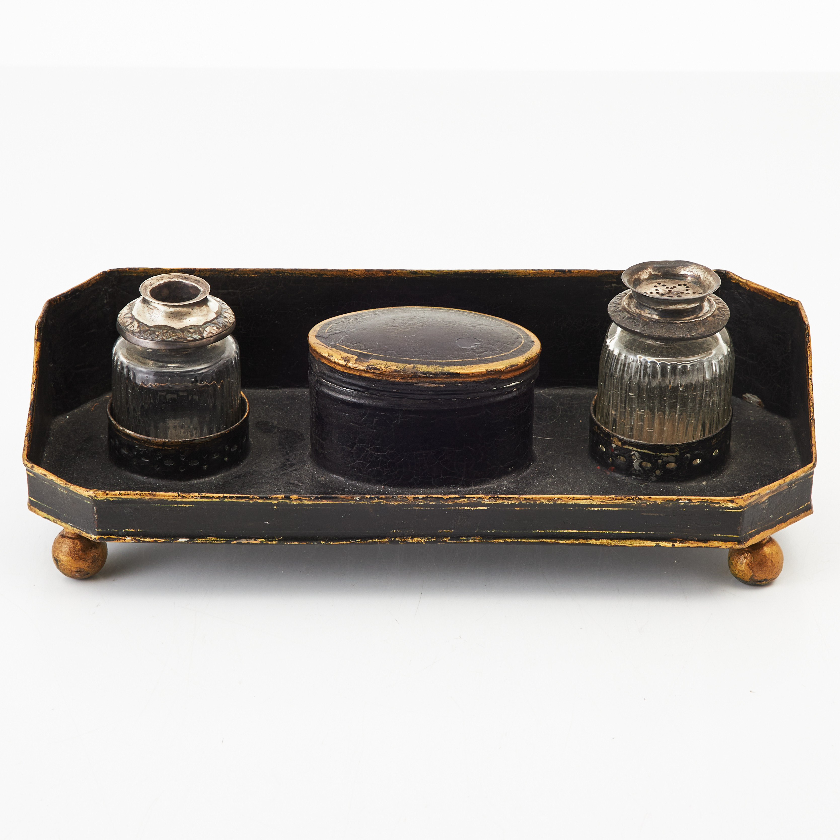 SKRIVSTÄLL, 1800-tal, bemålad plåt, bronserad dekor, insatser i glas.