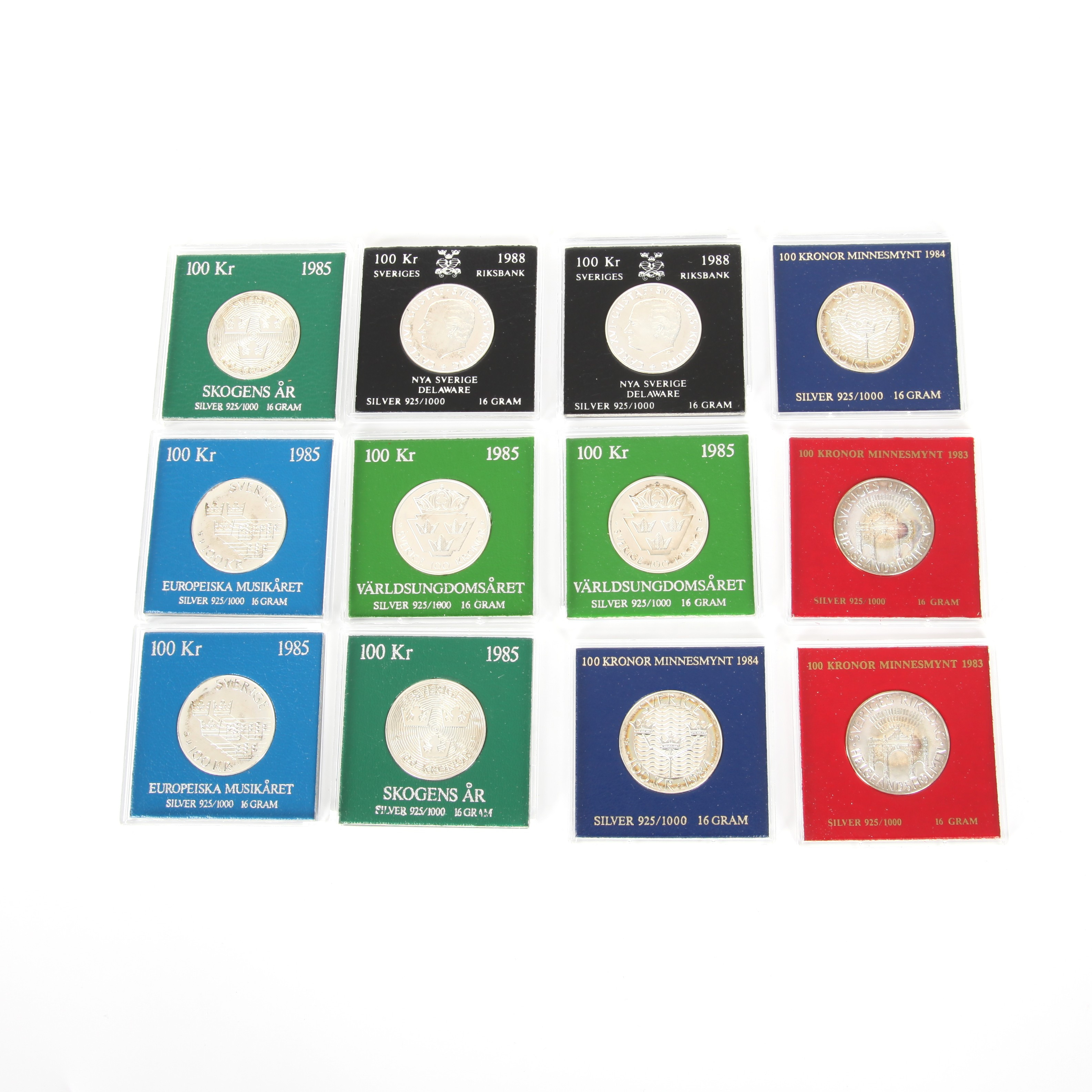 MINNESMYNT 100 KR, 12 st, silver, 1983-1988.