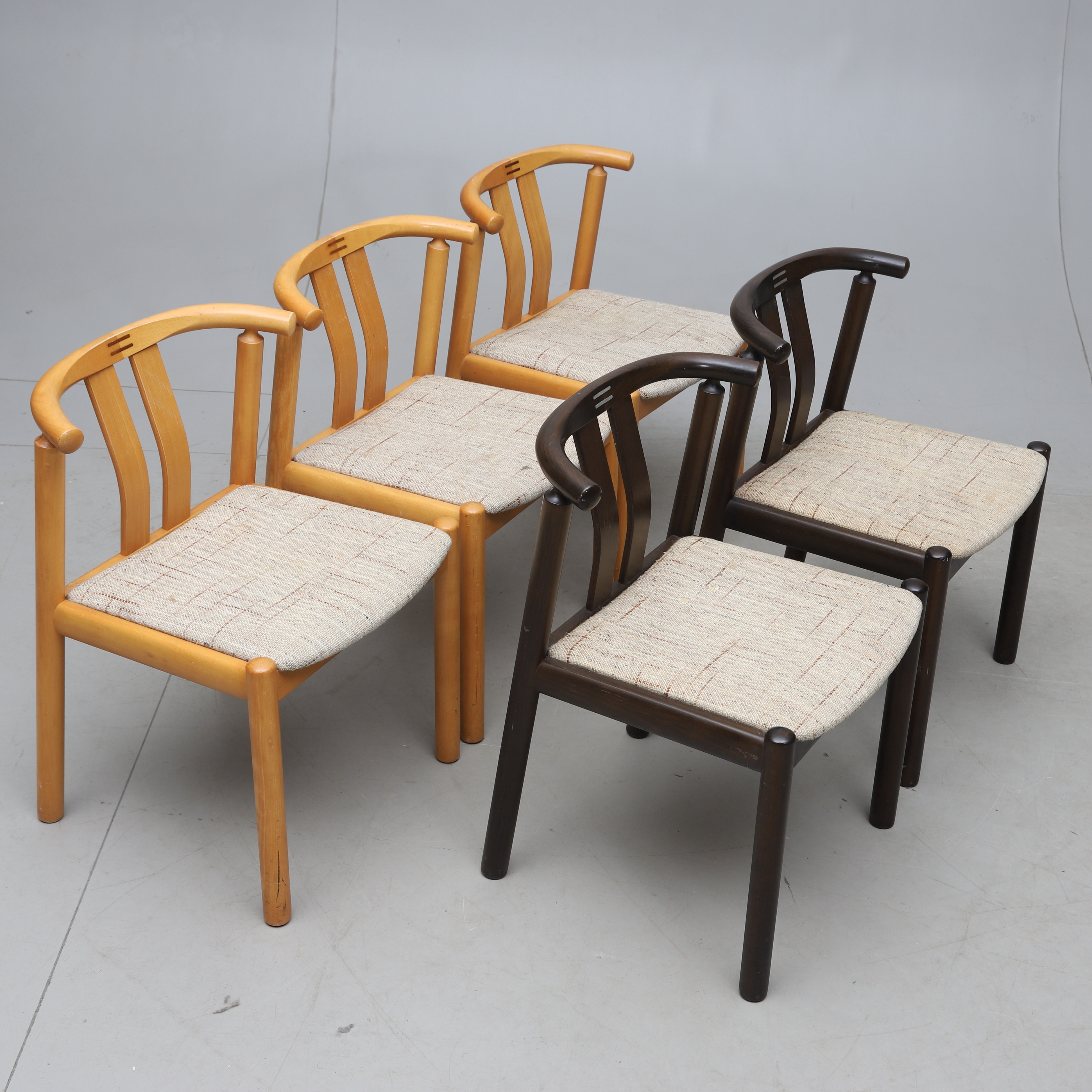 HANS J FRYDENDAL. stolar, 5 (3+2) st, "Cleopatra", Boltinge stolefabrik, Danmark, 1970-tal.