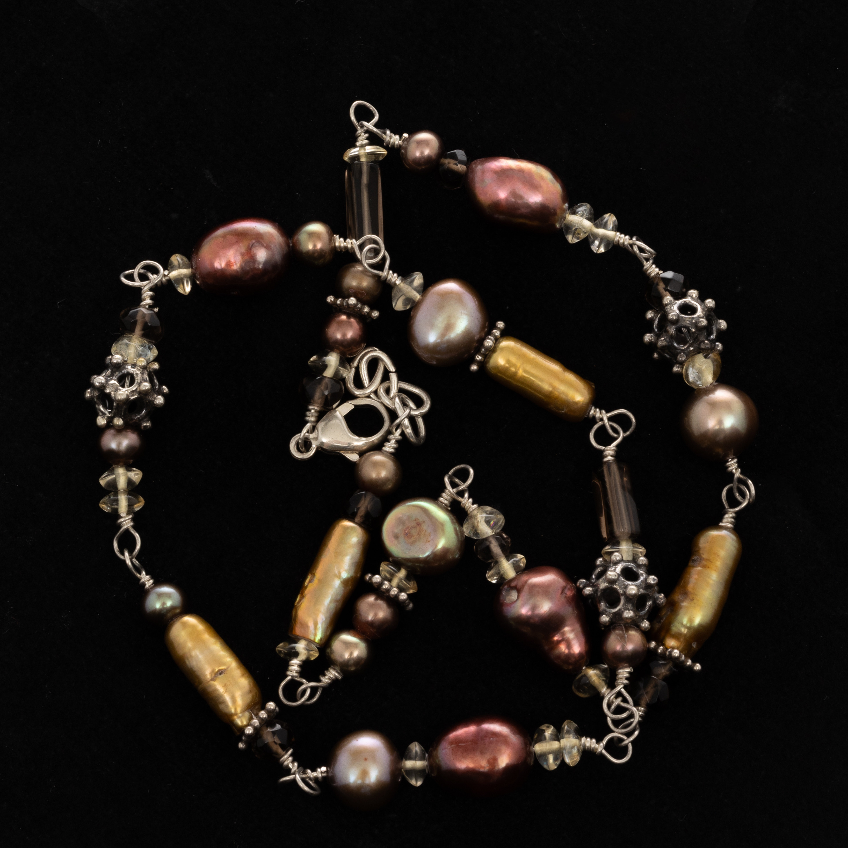 COLLIER, Sterlingsilver, Pärlor, Citriner, Rökkvarts.