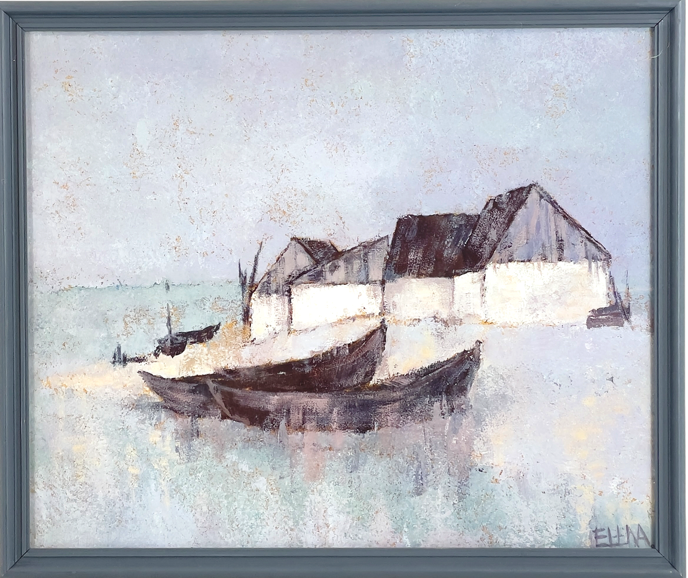 ELENA ELMQVIST, efter. Offsettryck, båthamn, signerad "Elena" i trycket.