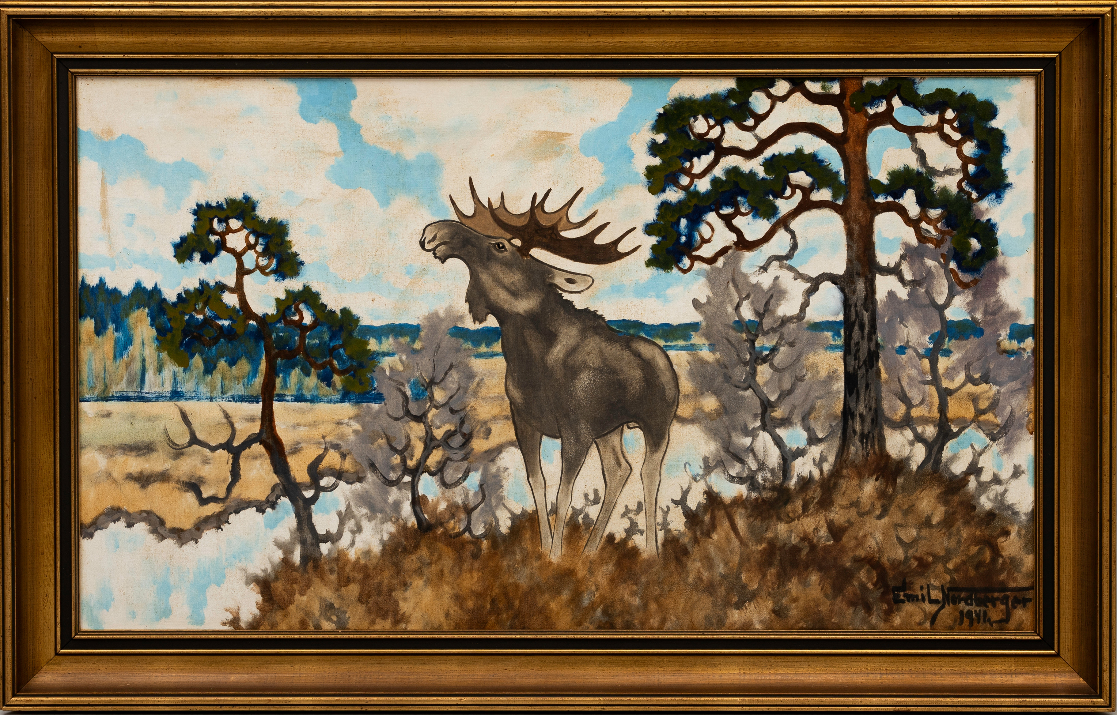 EMIL NORDBERGER. Skogens konung, olja på pannå, signerad, daterad 1941.