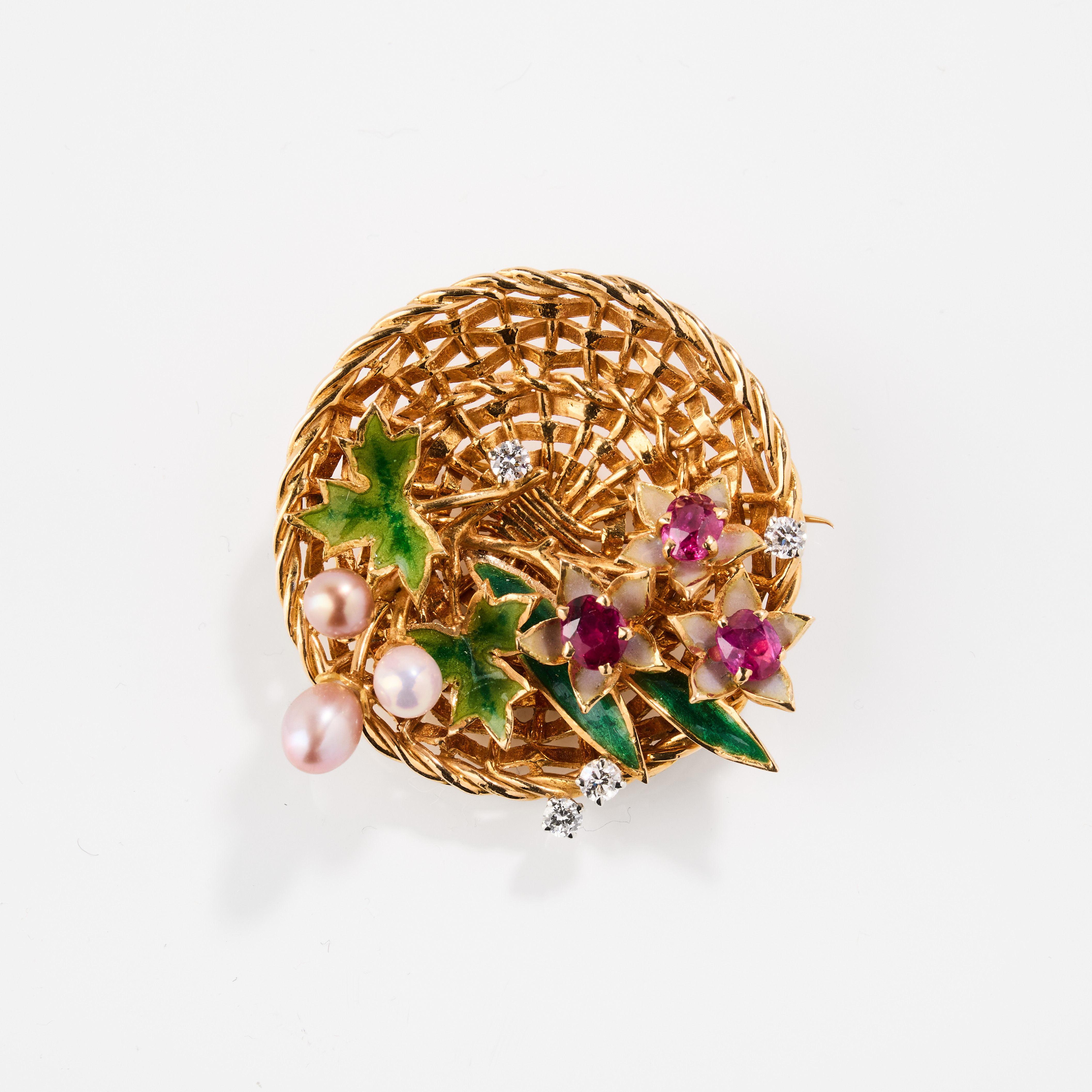 W.A. BOLIN. Brosch, 18K guld, emalj, pärlor och diamanter, Barbro Littmark, Stockholm 1959.