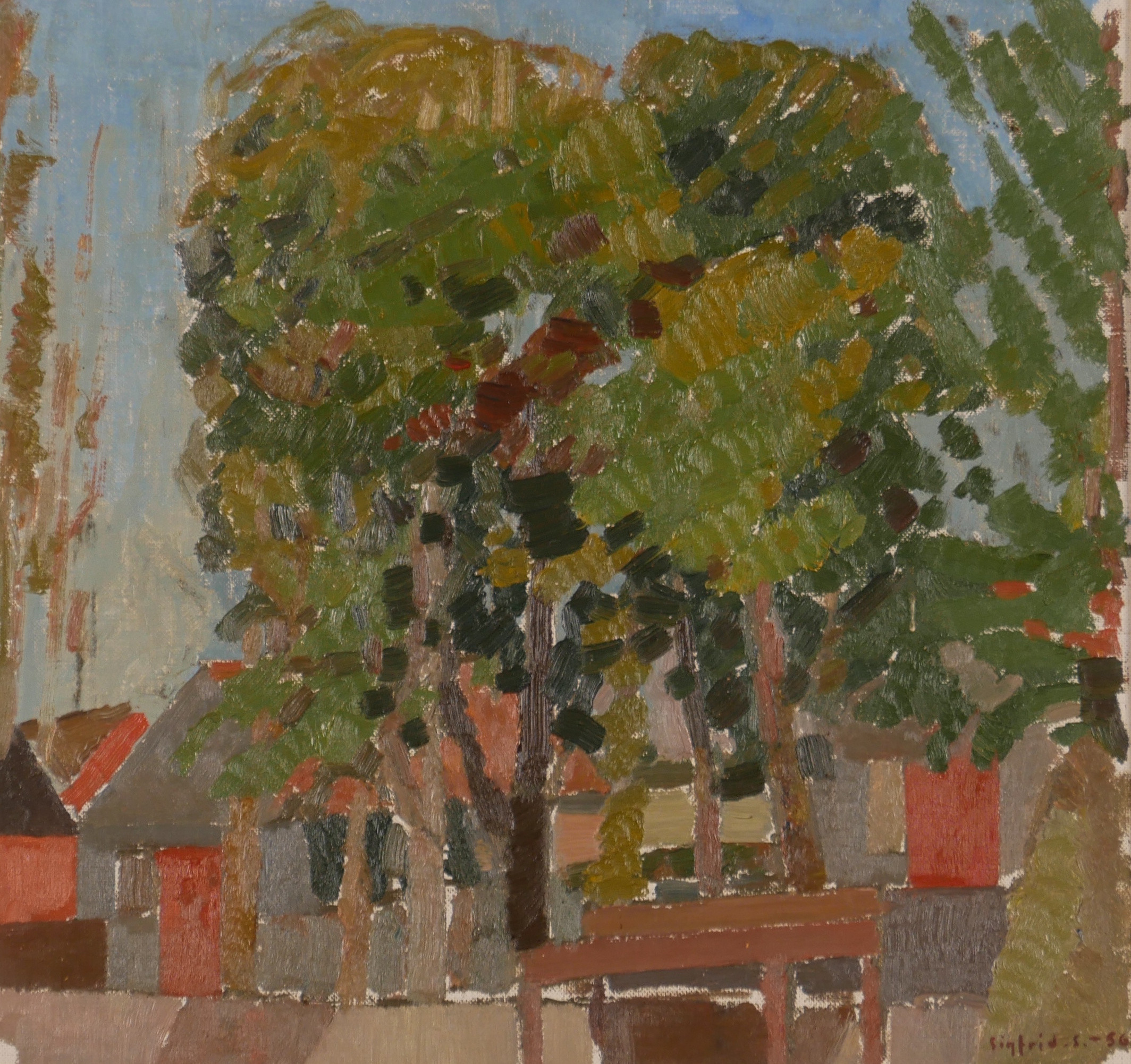 SIGFRID  SÖDERGREN. Landskap med träd och hus, olja på pannå, signerad Sigfrid.S.-56.