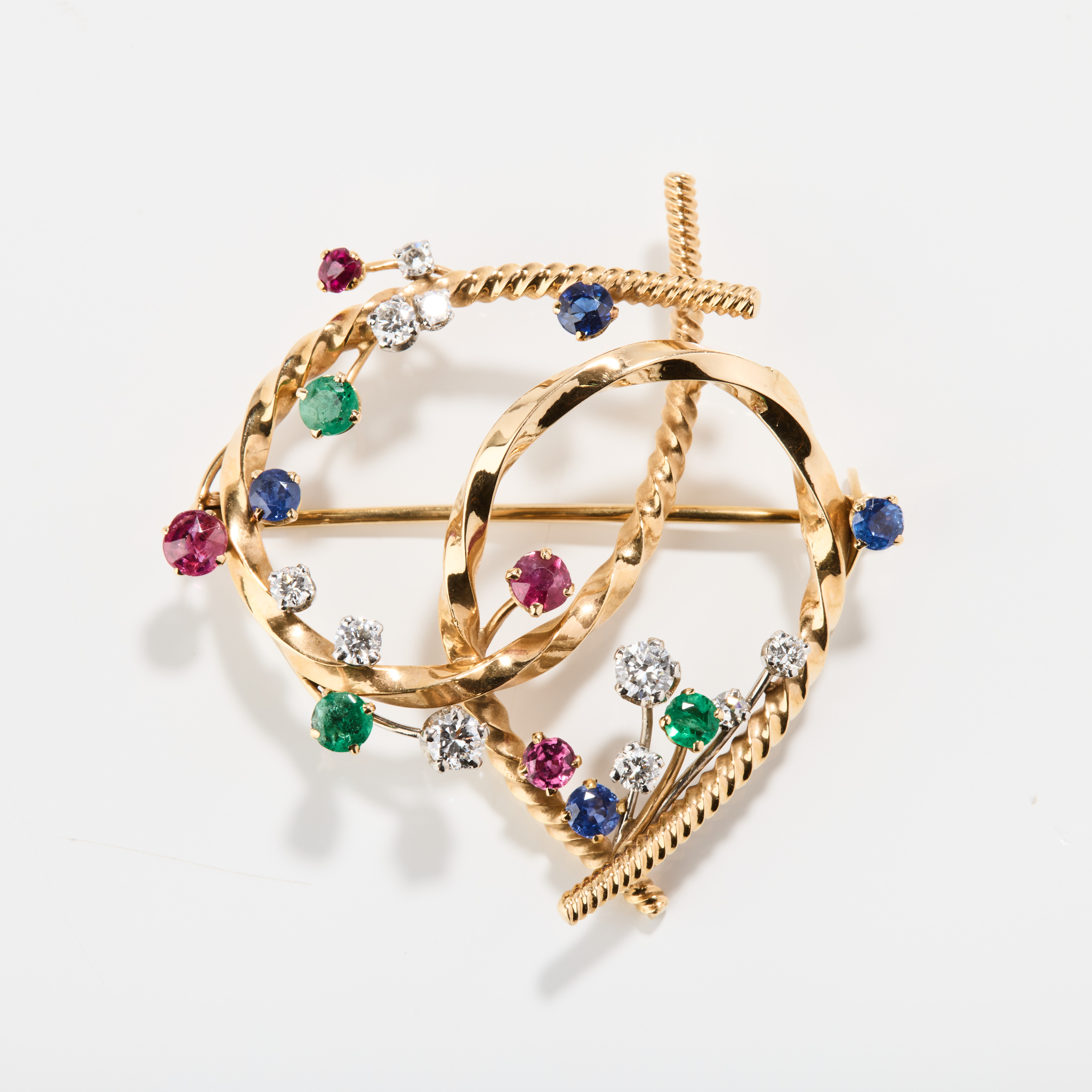 W.A BOLIN. Brosch, 18K guld med multifärgade stenar och diamanter, Stockholm 1958.