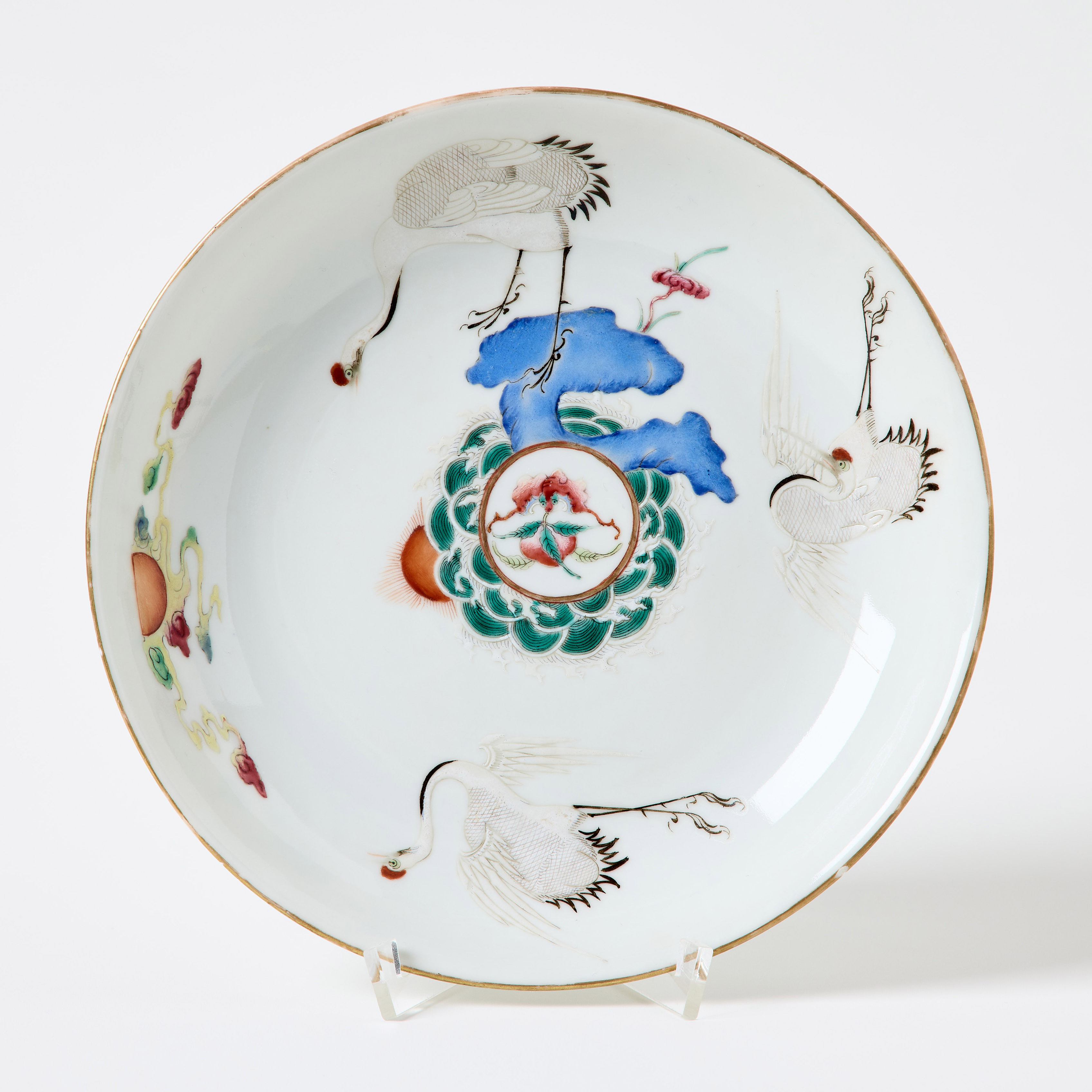 A Chinese Famille Rose 'Cranes and Sun' Dish.