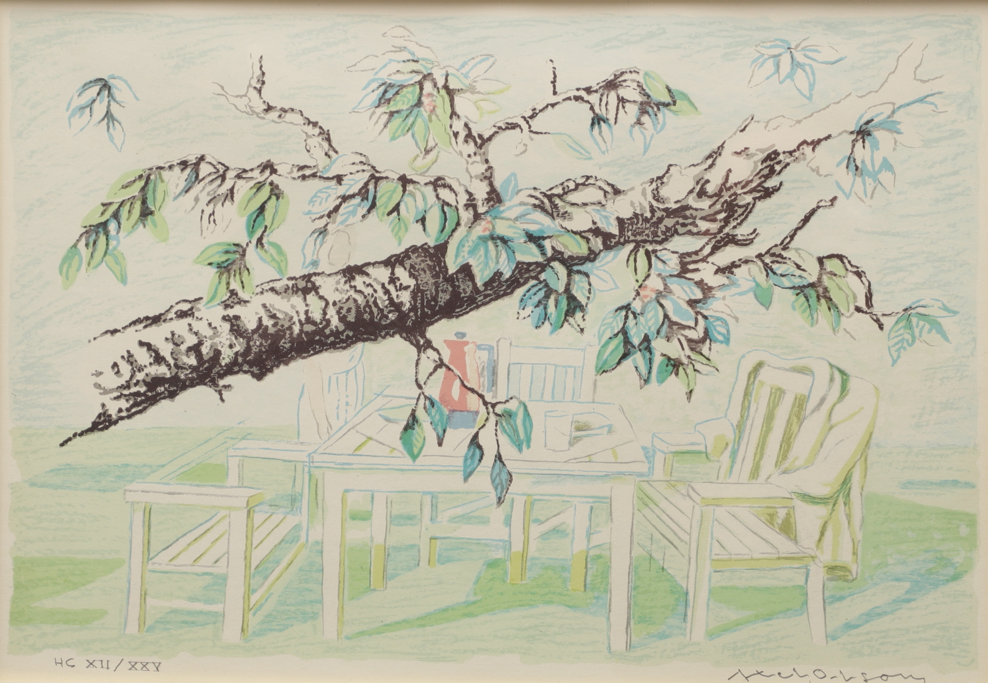 AXEL OLSON. Sommardag i trädgård, signerad, numrerad XII/XXV.