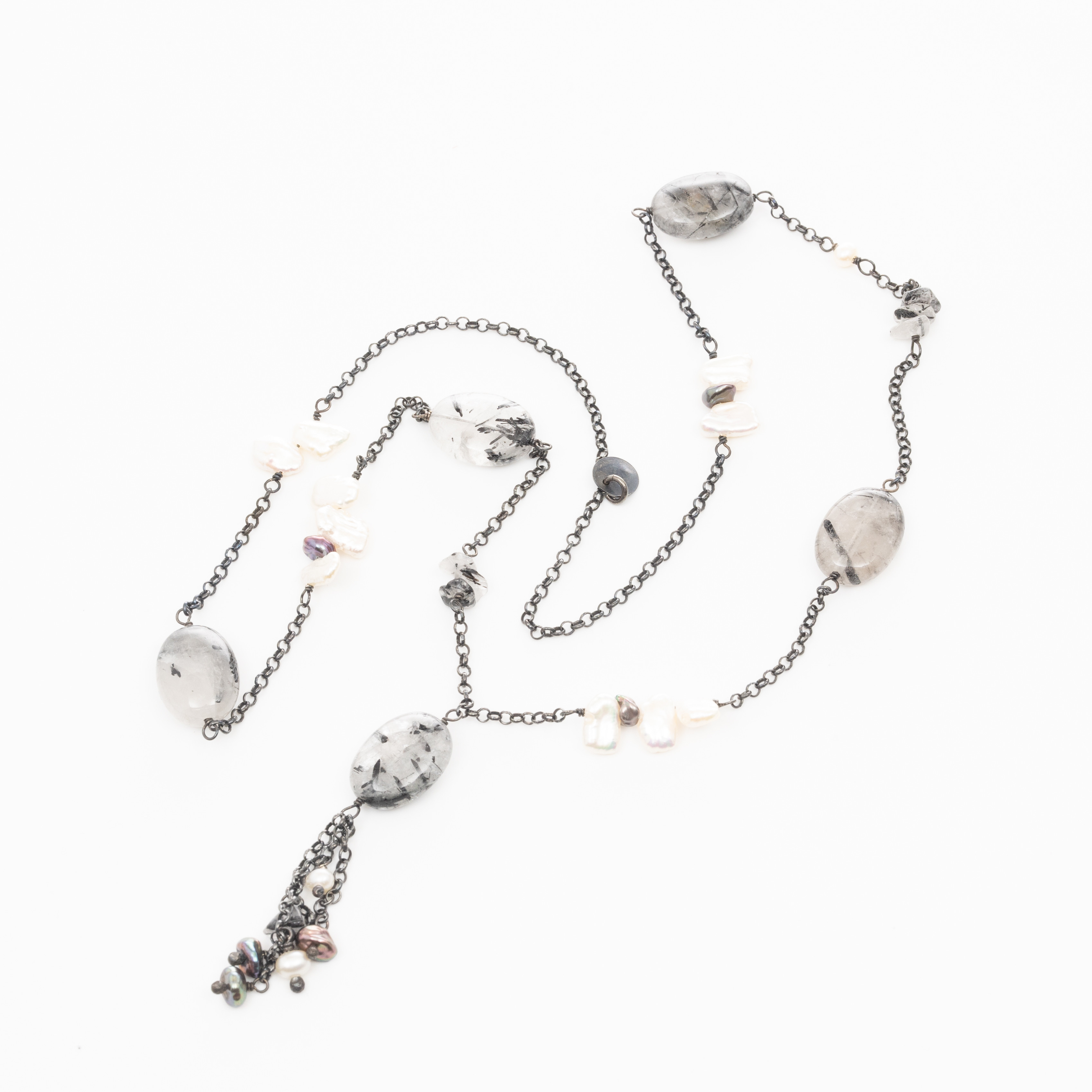 COLLIER, Oxiderat sterlingsilver, Rutilkvarts, Pärlor.