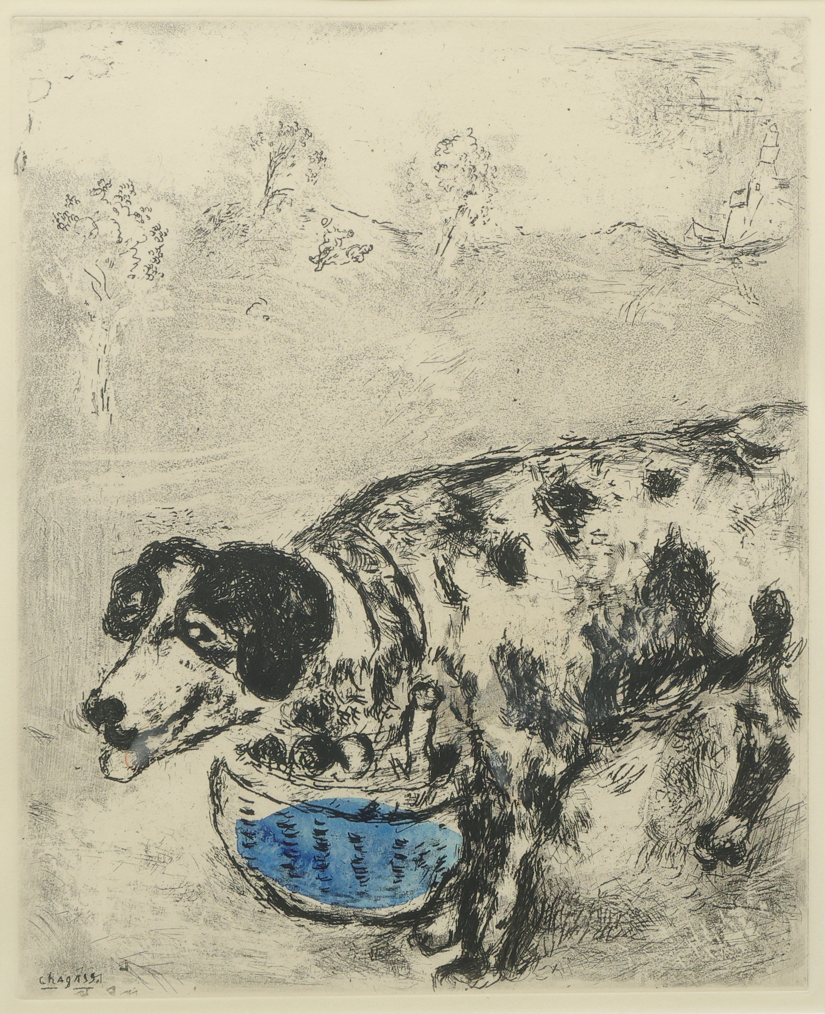 MARC CHAGALL. Etsning, The Dog who carries his Master's Supper around his Neck, signerad i trycket.