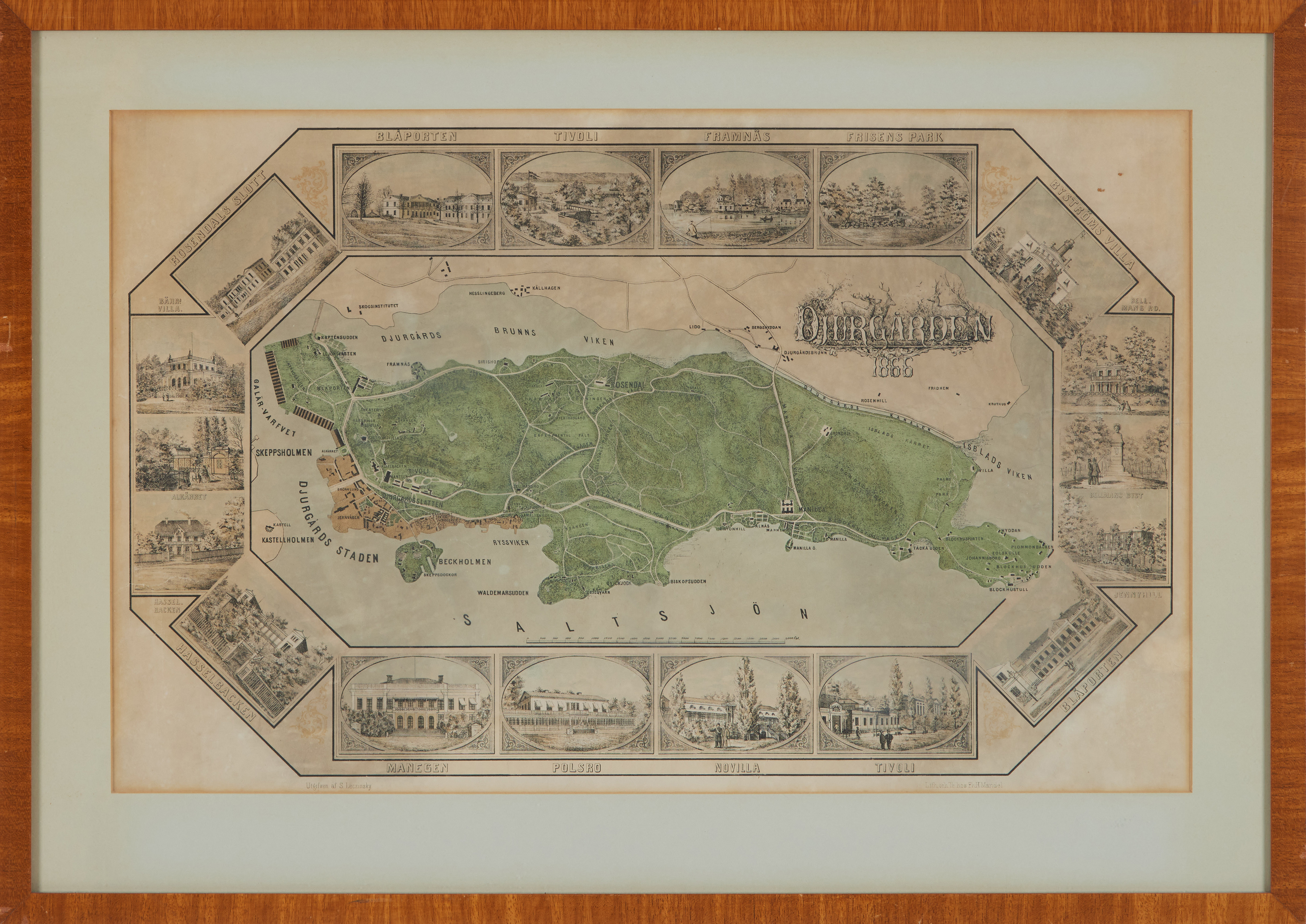 LITOGRAFERAD KARTA ÖVER SÖDRA DJURGÅRDEN 1866.