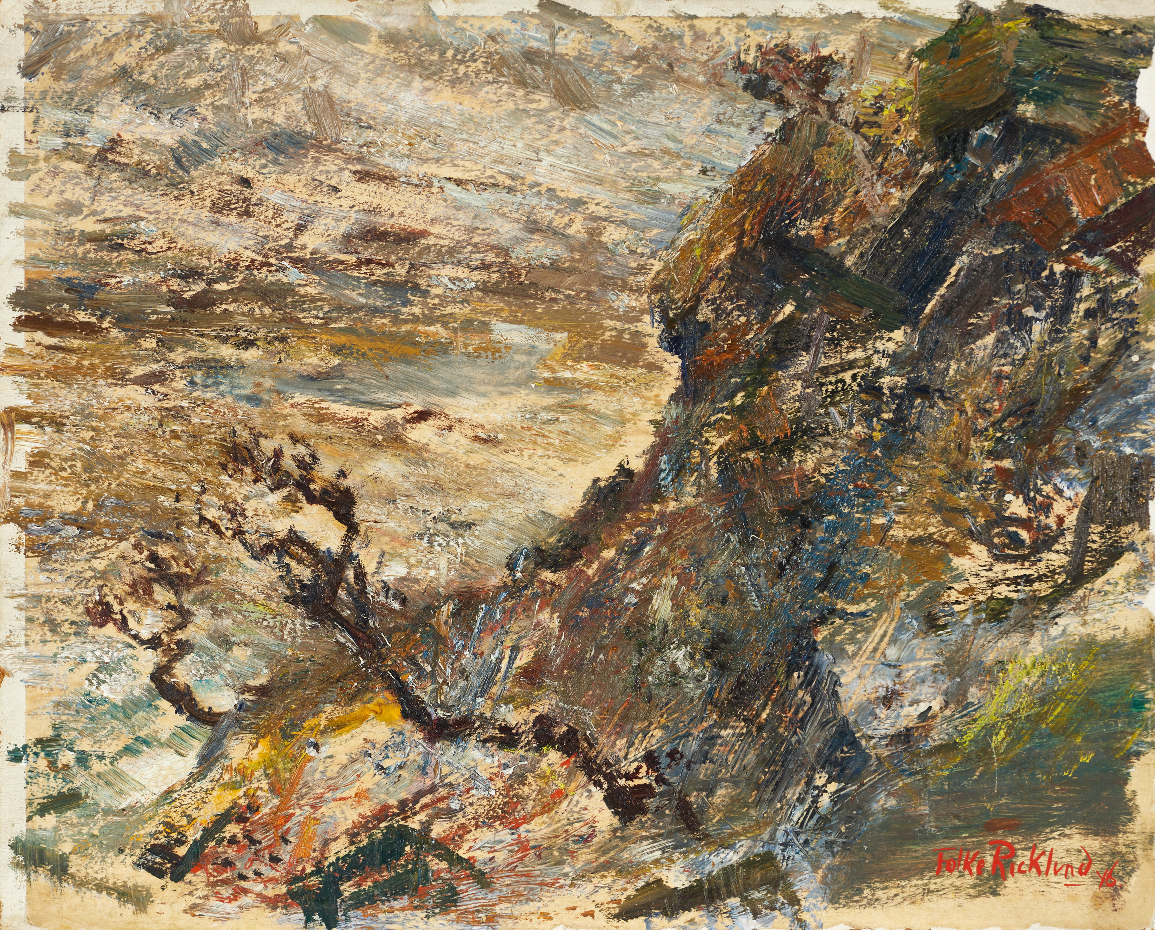 FOLKE RICKLUND. "Stup i fjället", signerad och daterad Folke Ricklund -46, olja på pannå.