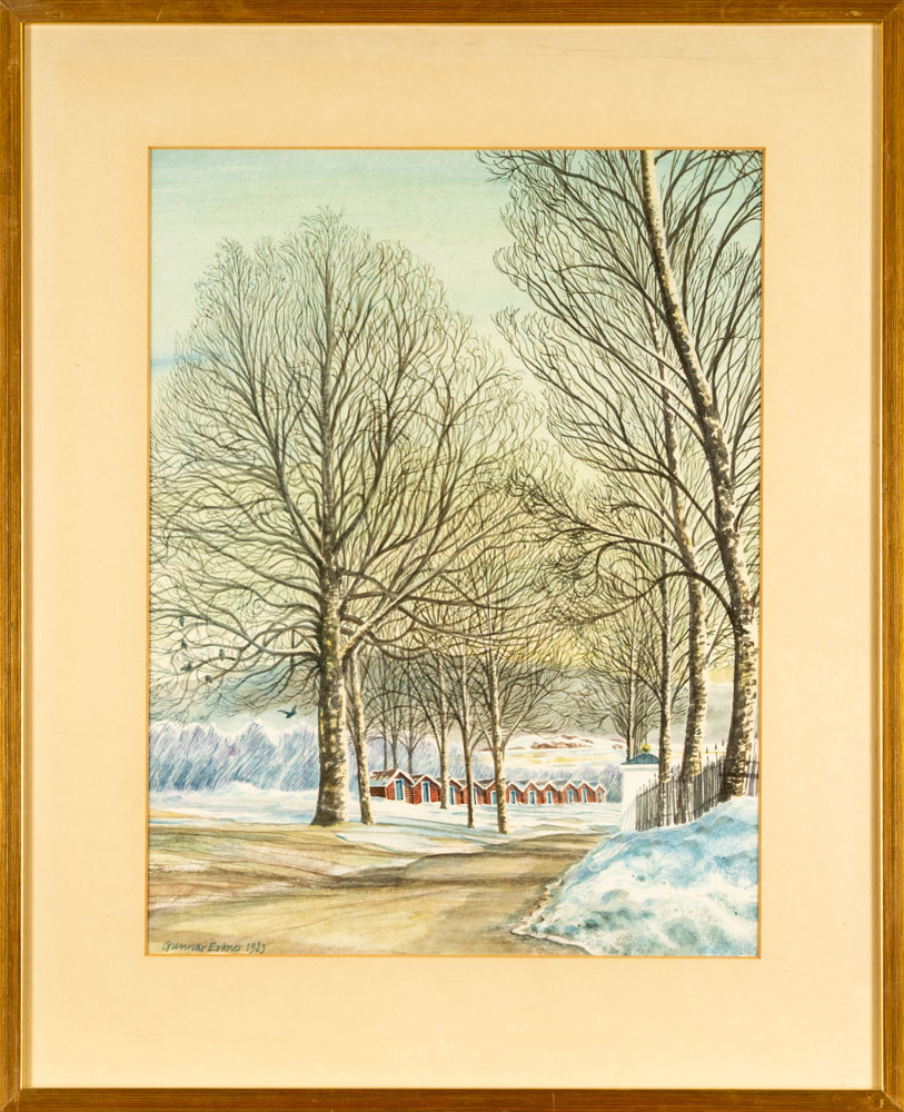 GUNNAR ERKNER. Akvarell på papper, "Kyrkstallarna", Signerad & Daterad 1983.