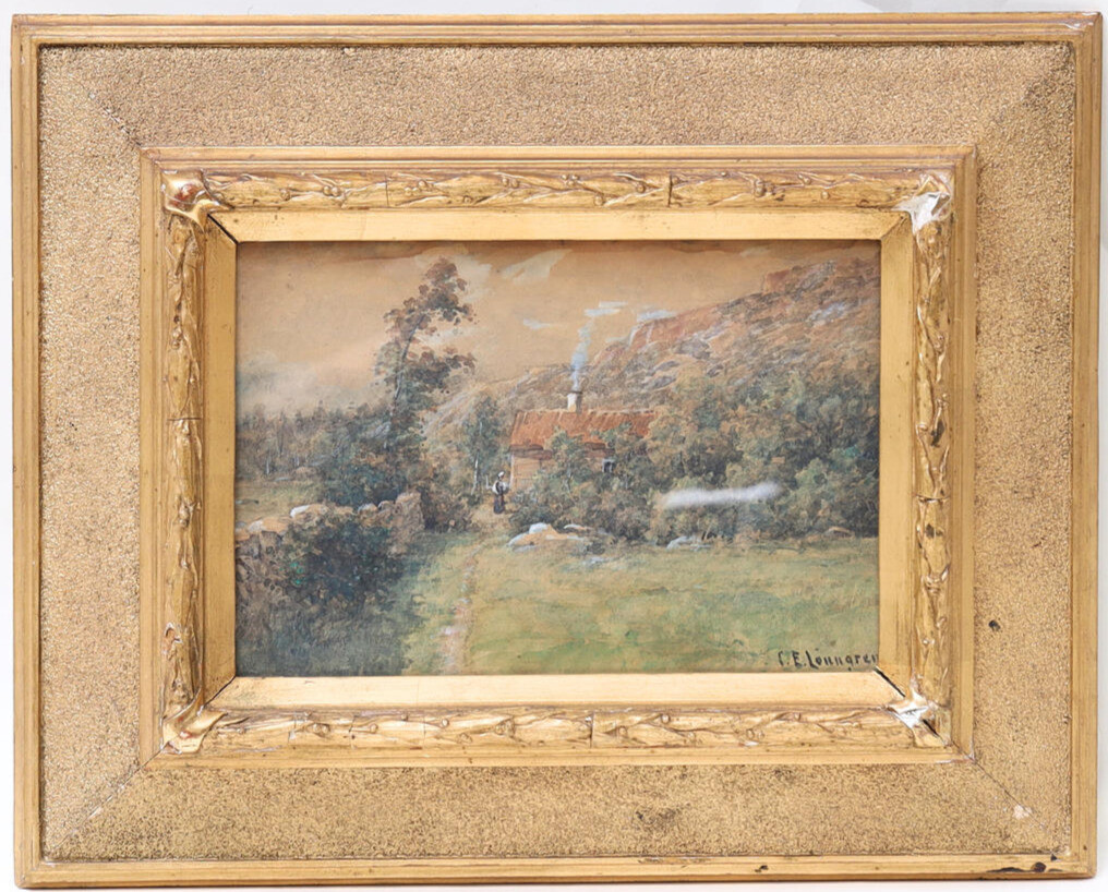 CARL EWALD LÖNNGREN. akvarell, gårdbild med stuga. Signerad.