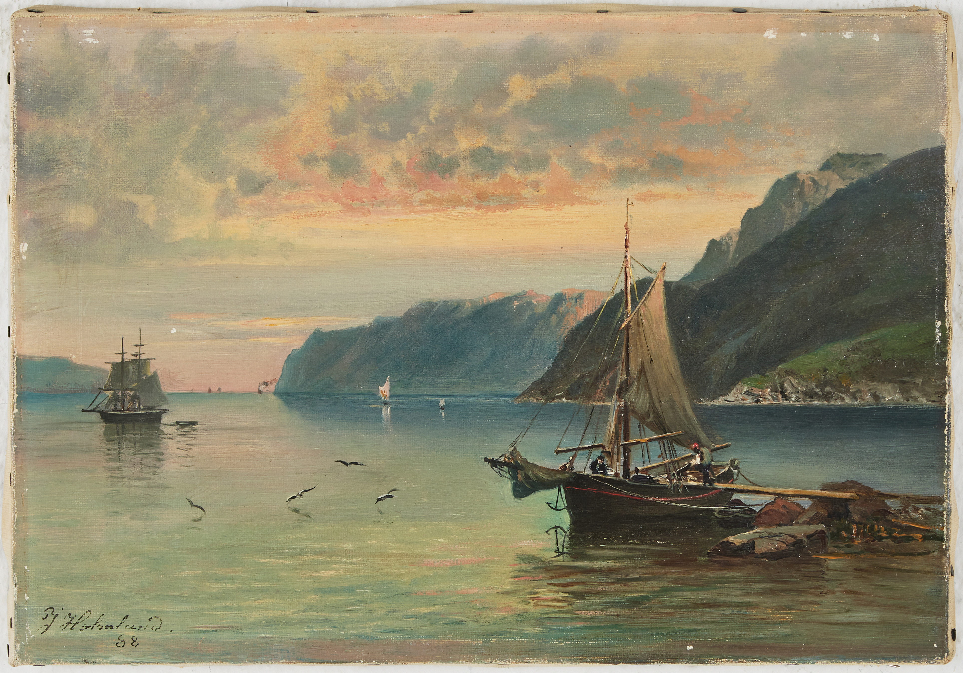 JOSEFINA  HOLMLUND. Bergslandskap med fartyg på sjö, oljemålning, signerad J. Holmlund och daterad 88.