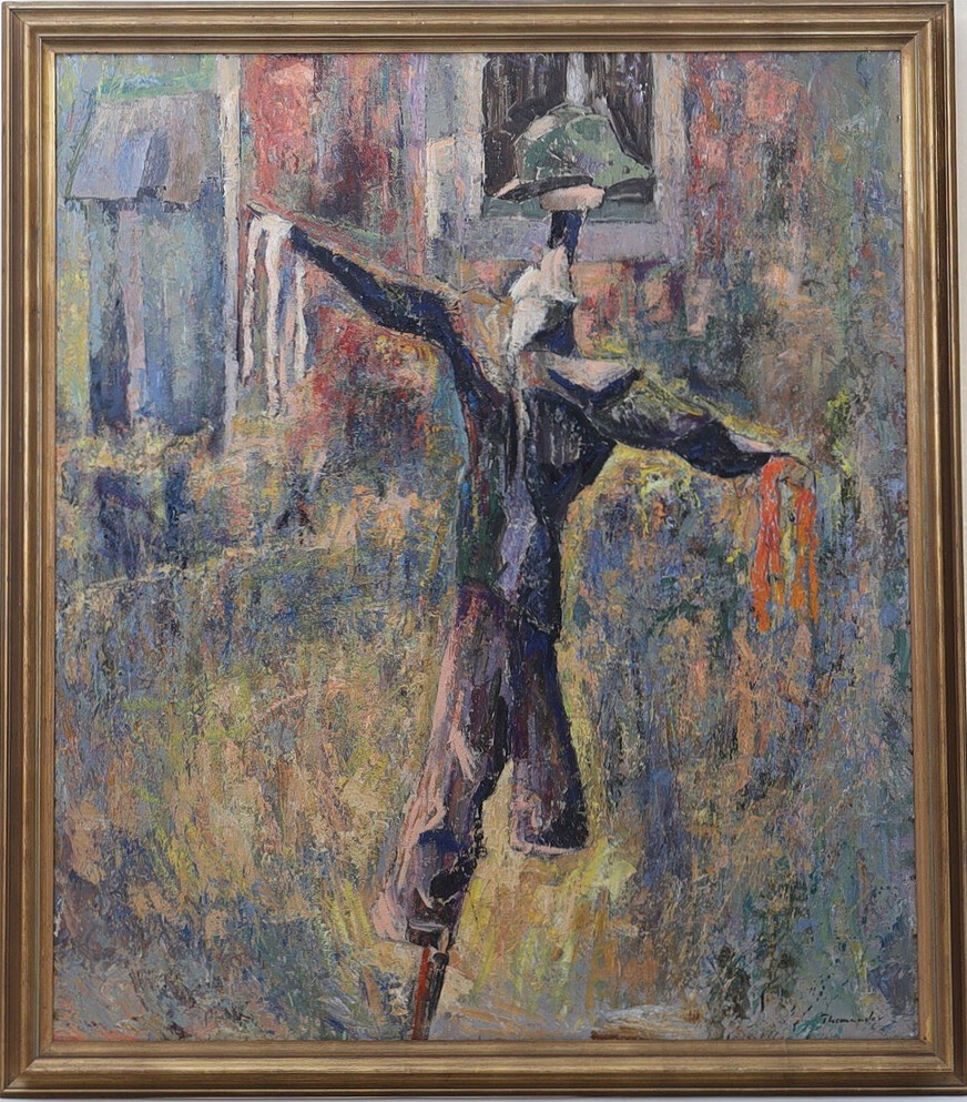 HARRY THOMANDER. olja på pannå, landskap med fågelskrämma, signerad.