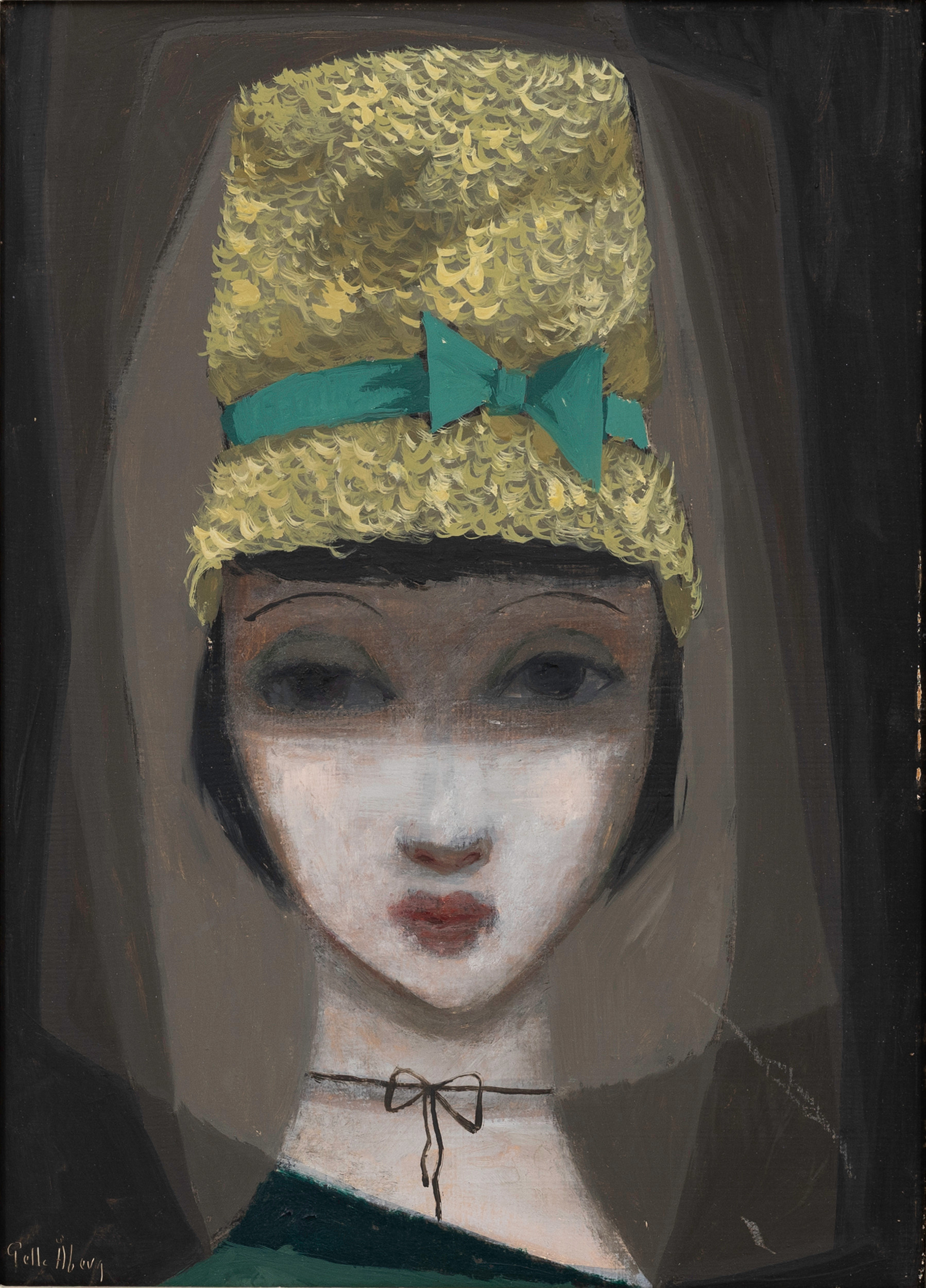PELLE ÅBERG (1909-1964). Flicka i gul hatt, olja på pannå, signerad.