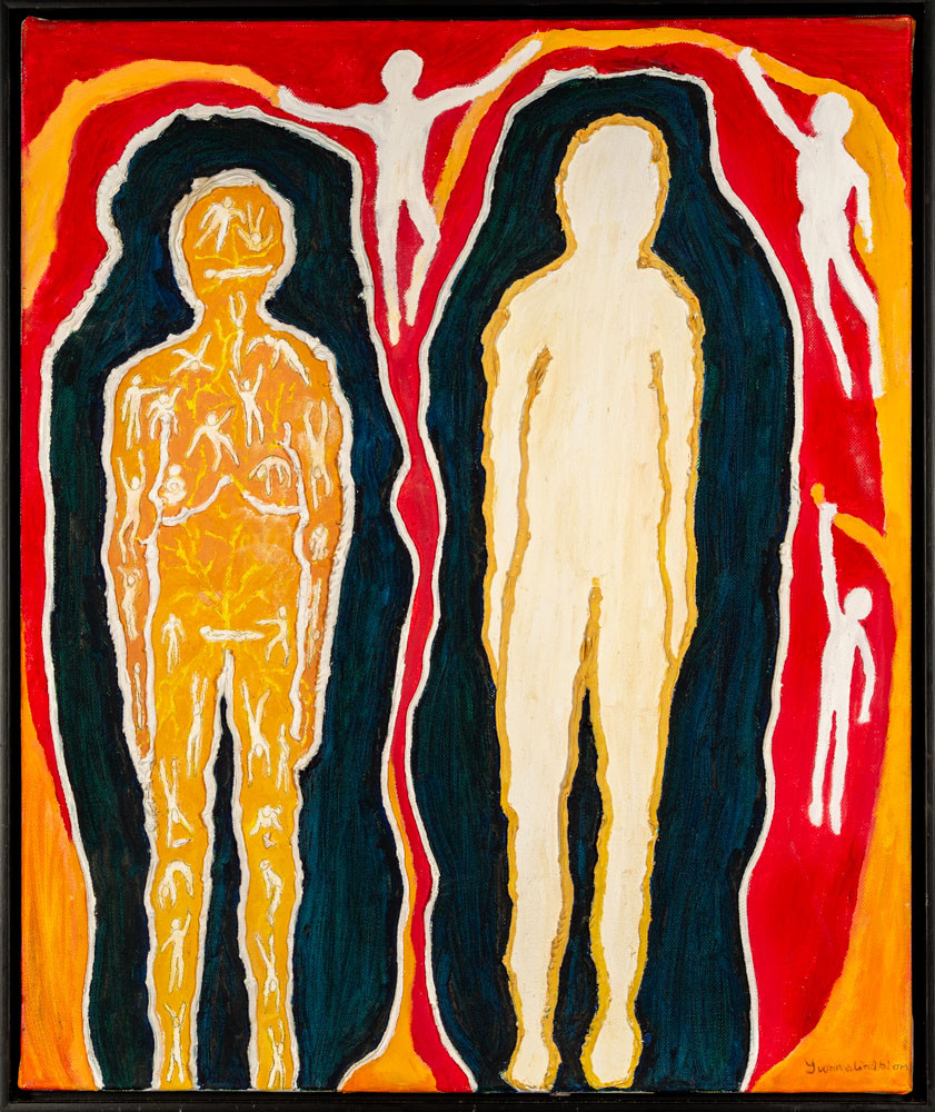 YVONNE LINDBLOM. Blandteknik på duk "Infogad" Signerad.