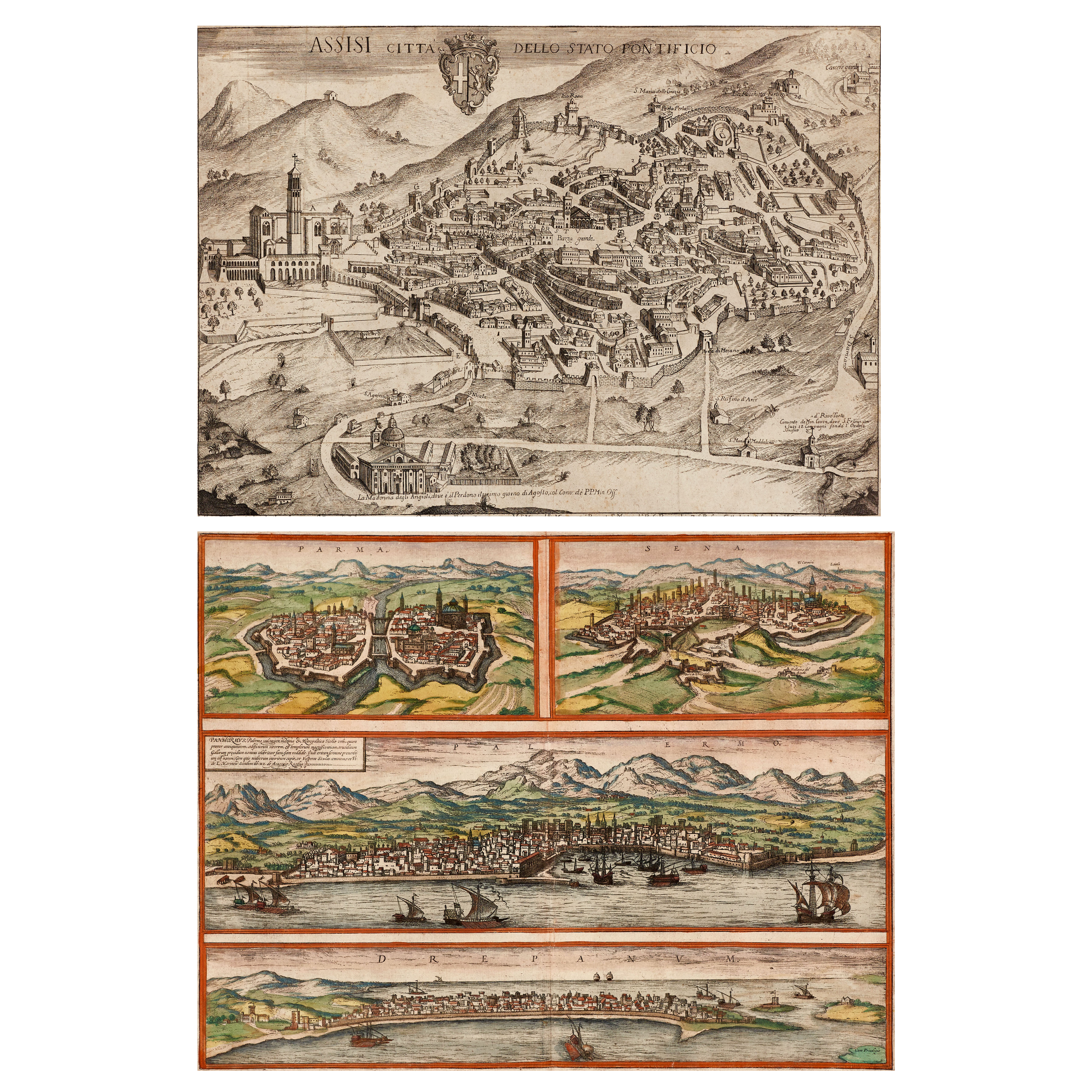 BRAUN/HOGENBERG, Parma. Sena. Palermo: Drepanum, 1620. ORLANDI, Assisi Citta dello Stato Pontifico, 1770.
