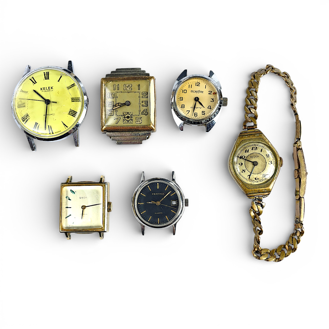 ARMBANDSUR, 6 st. Gulddoublé/stål, bl.a. Kelek, Seiko, Belca, Certina.
