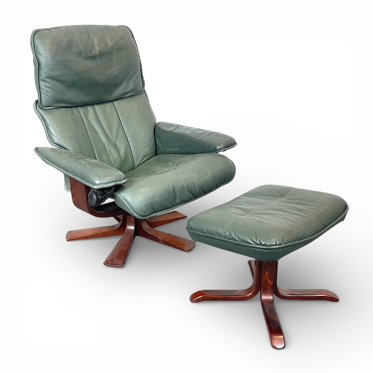 SNURRFÅTÖLJ, med fotpall. Grön skinnimitation, 1900/2000-tal.