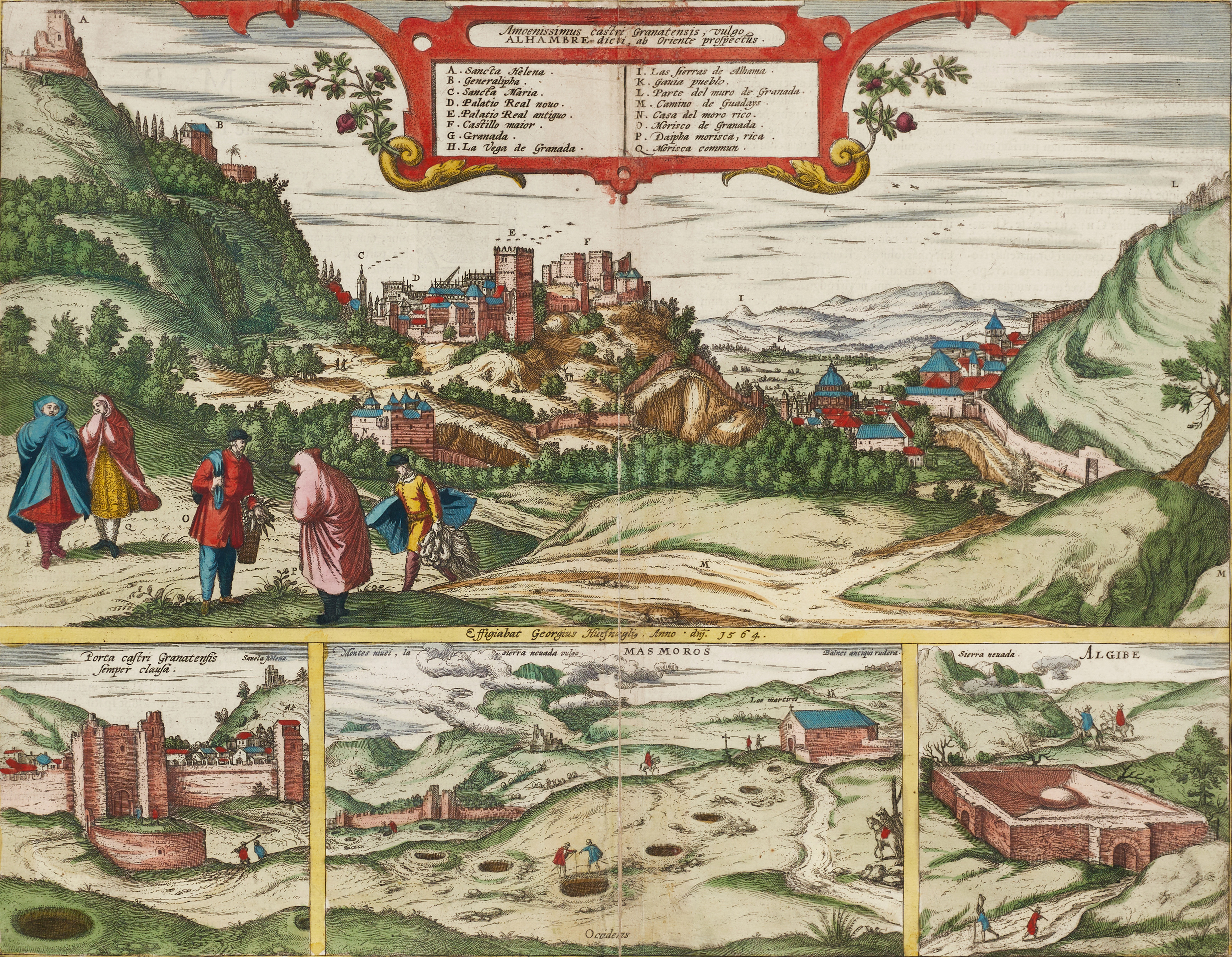 BRAUN/HOGENBERG, Amoenissimus castri Granatensis, vulgo Alhambre dicti (Alhambra och Granada), ca 1660/80.