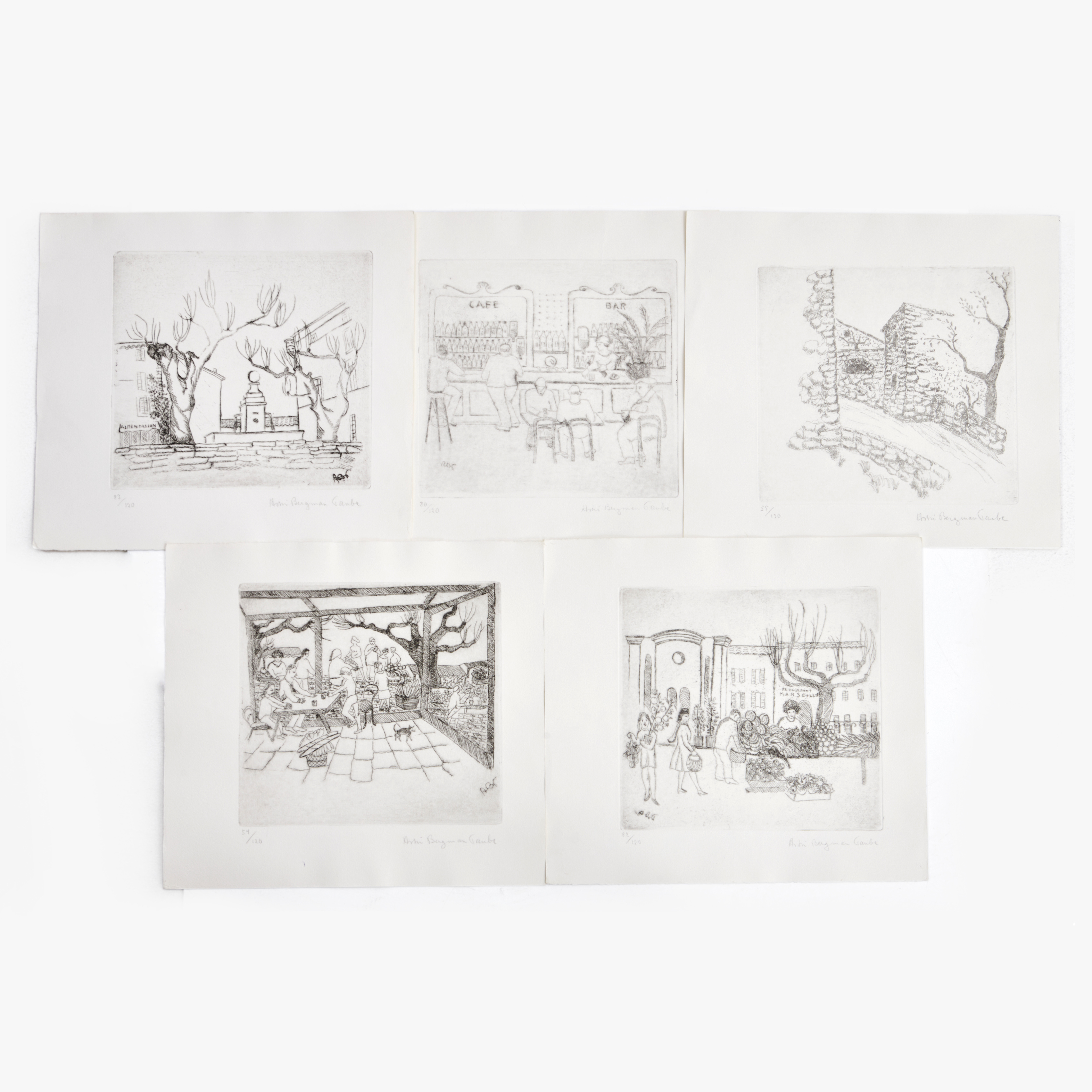 ASTRI BERGMAN TAUBE (1898-1980), 5 st, Sydfrankrike, signerade pch numrerade, torrnål.