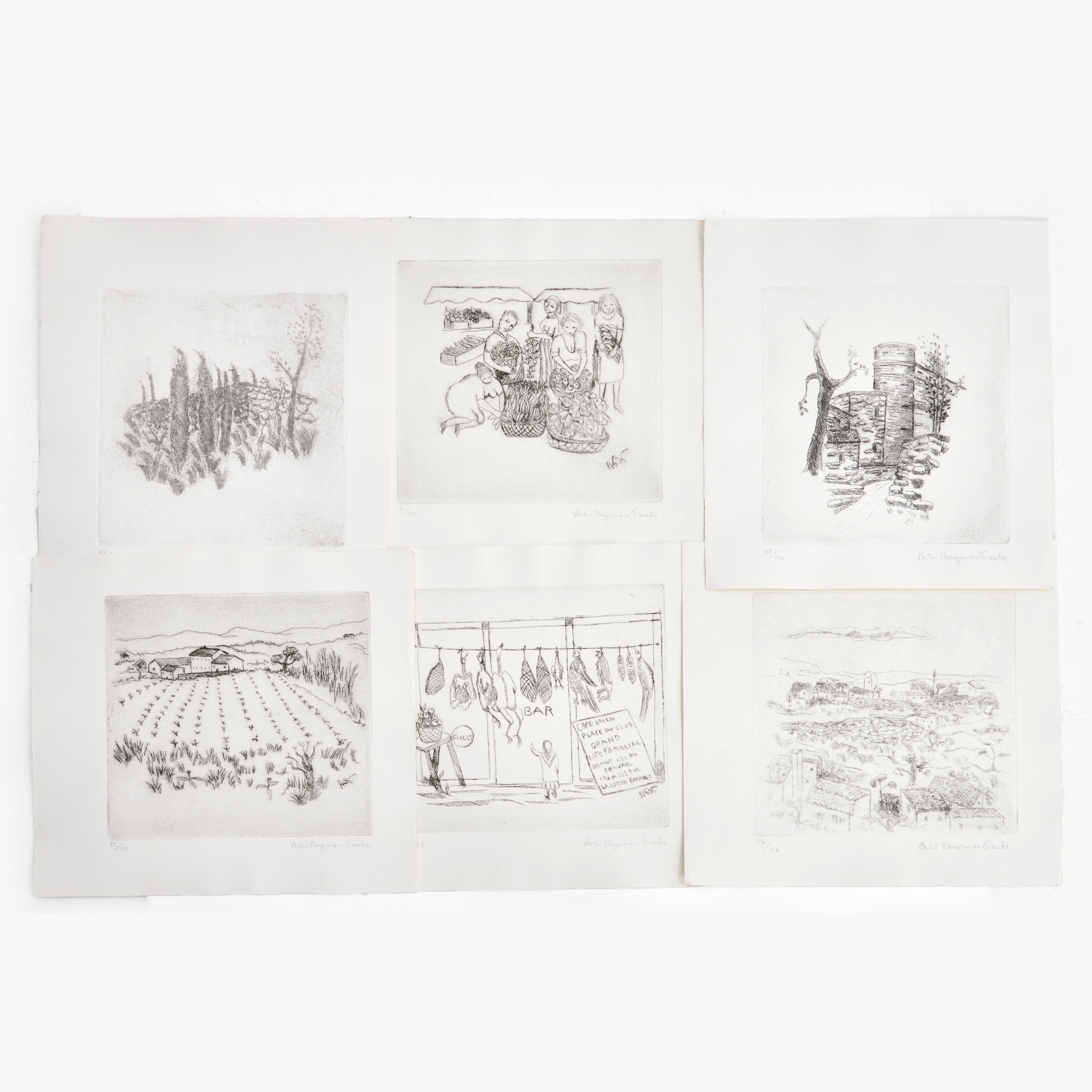 ASTRI BERGMAN TAUBE (1898-1980), 6 st, Sydfrankrike, signerade och numrerade, torrnål.