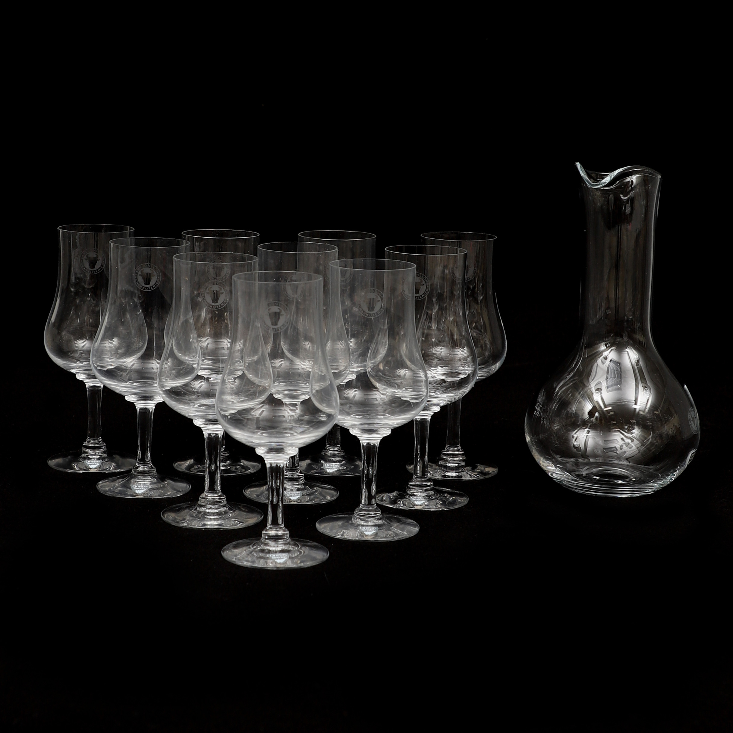 VINPROVARGLAS, 10 st samt karaff, Orrefors.