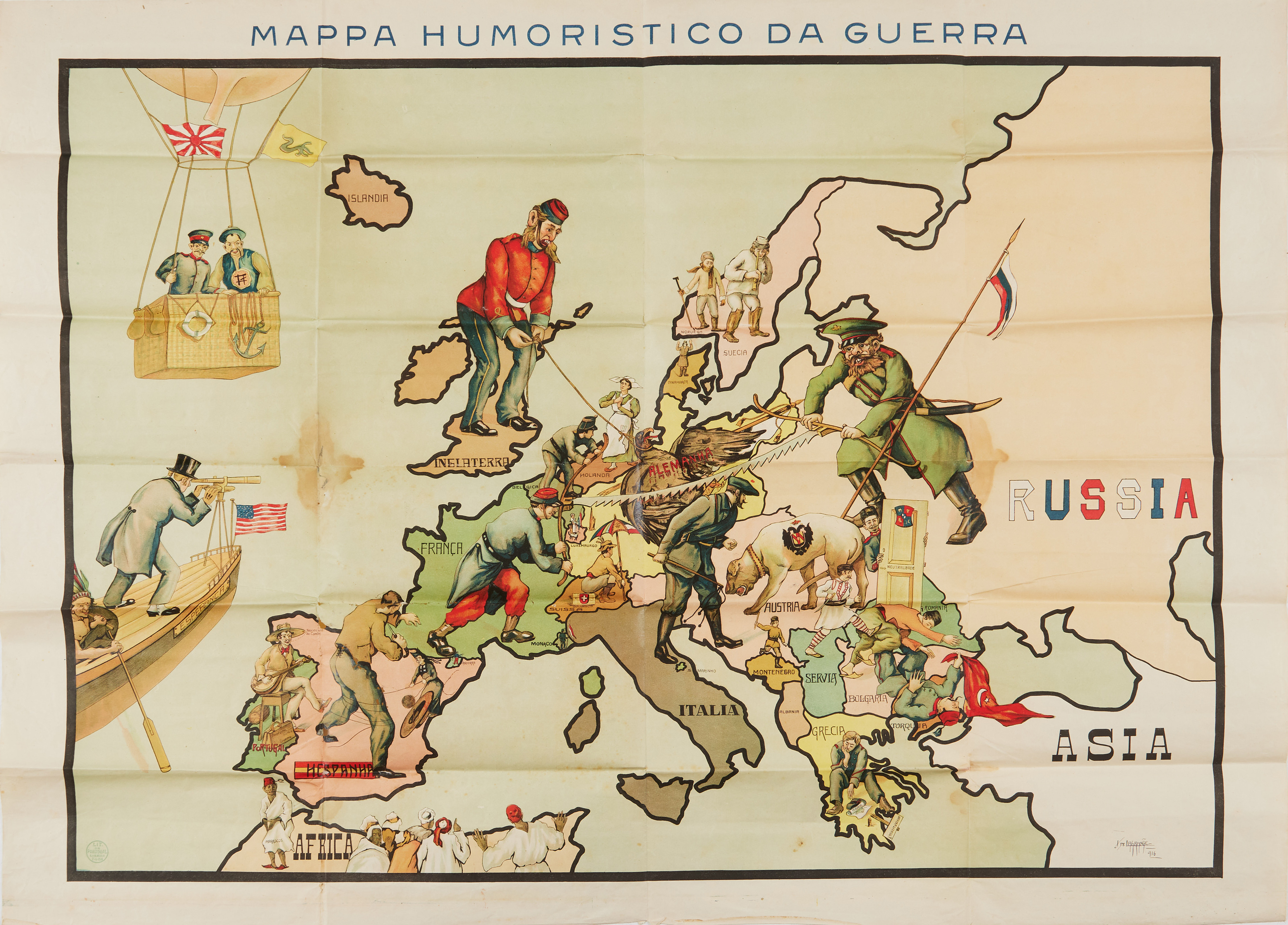 SATIRICAL MAP, Mappa humoristico da guerra, 1916.