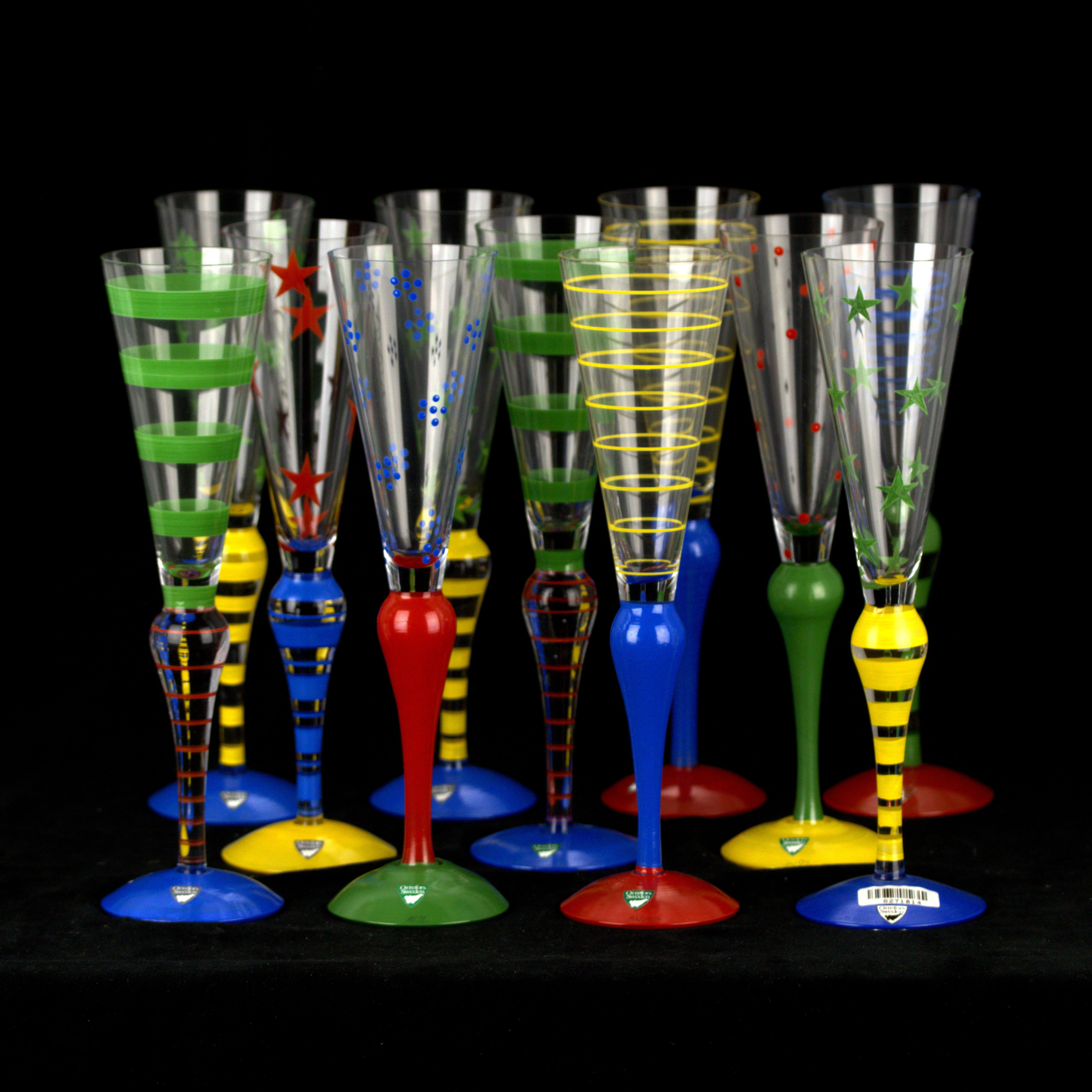 ANNE NILSSON. Champagneglas, 11 st, "Clown", bemålat glas, Orrefors, signerade.