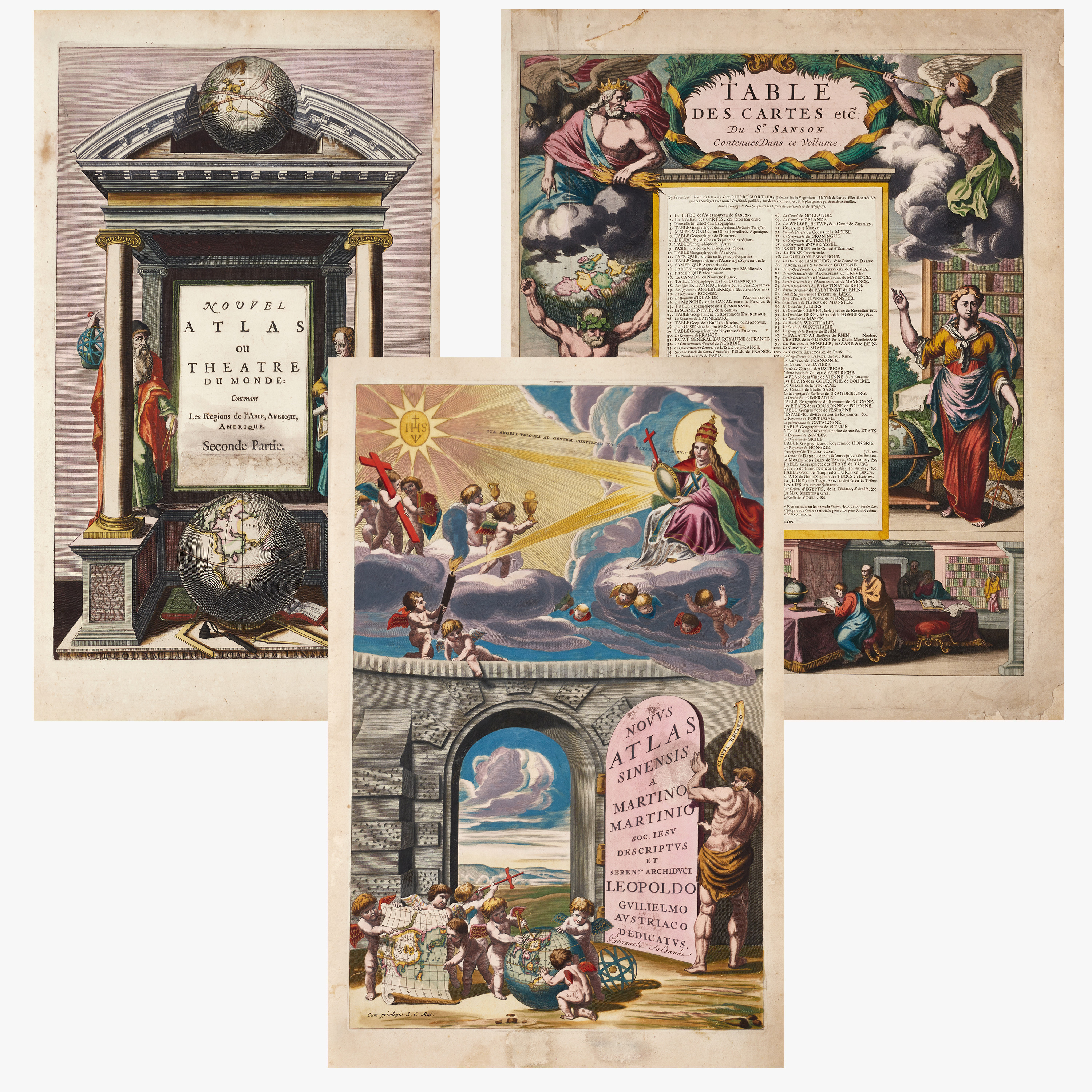 TITELBLAD/INDEX (4), graverade och handkolorerade, ur olika Atlaser, 1600-tal.