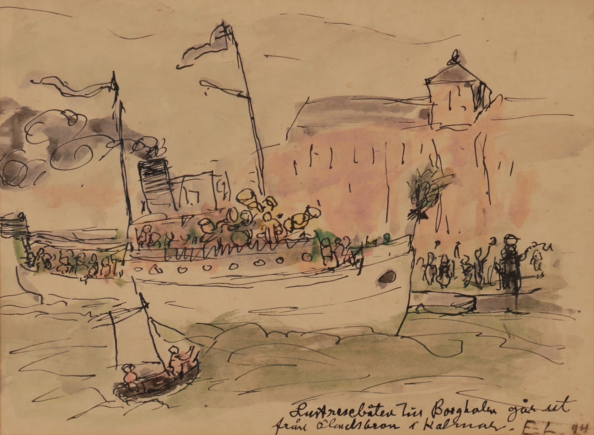 EDVIN LINDHOLM-HOUGE. "Lustresebåten till Borgholm...", blandteknik, signerad E-L. 24.