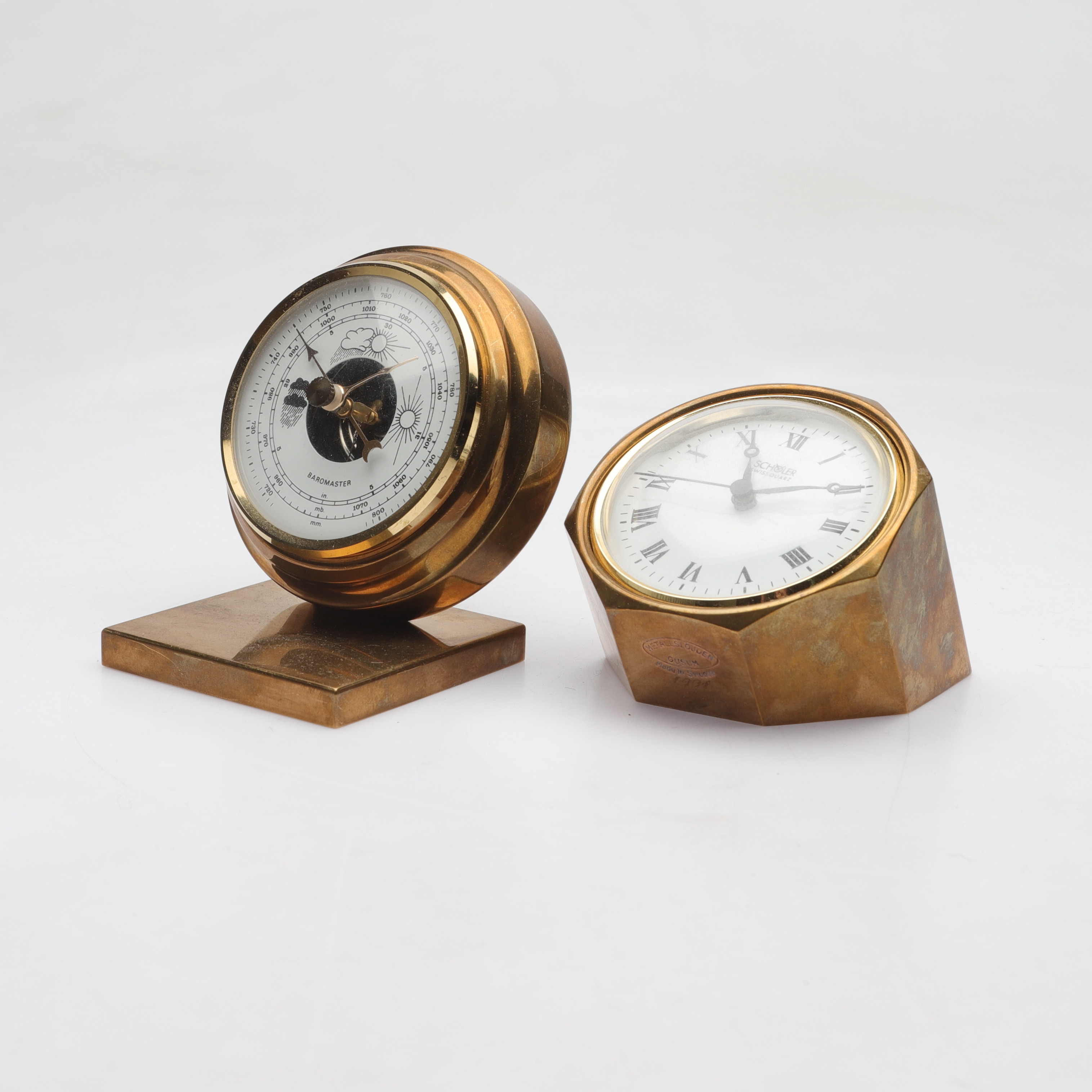 BAROMETER & BORDSKLOCKA, mässing, Vallonmässing & Metallslöjden Gusum, 1980-/90-tal.