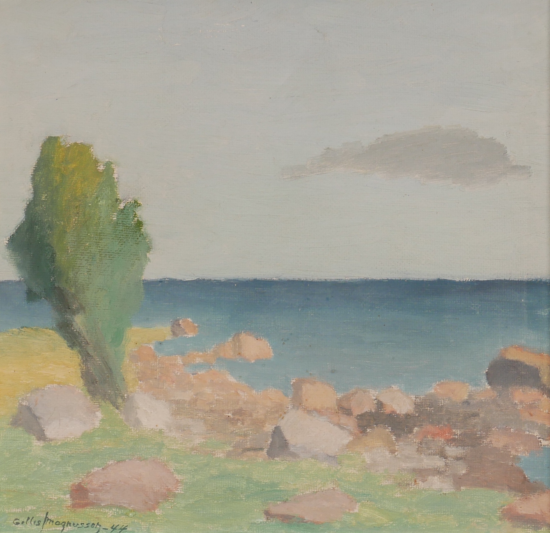 GILLIS MAGNUSSON. "Ensam en i v. skärgården", olja på pannå, signerad Gillis Magnusson -44.