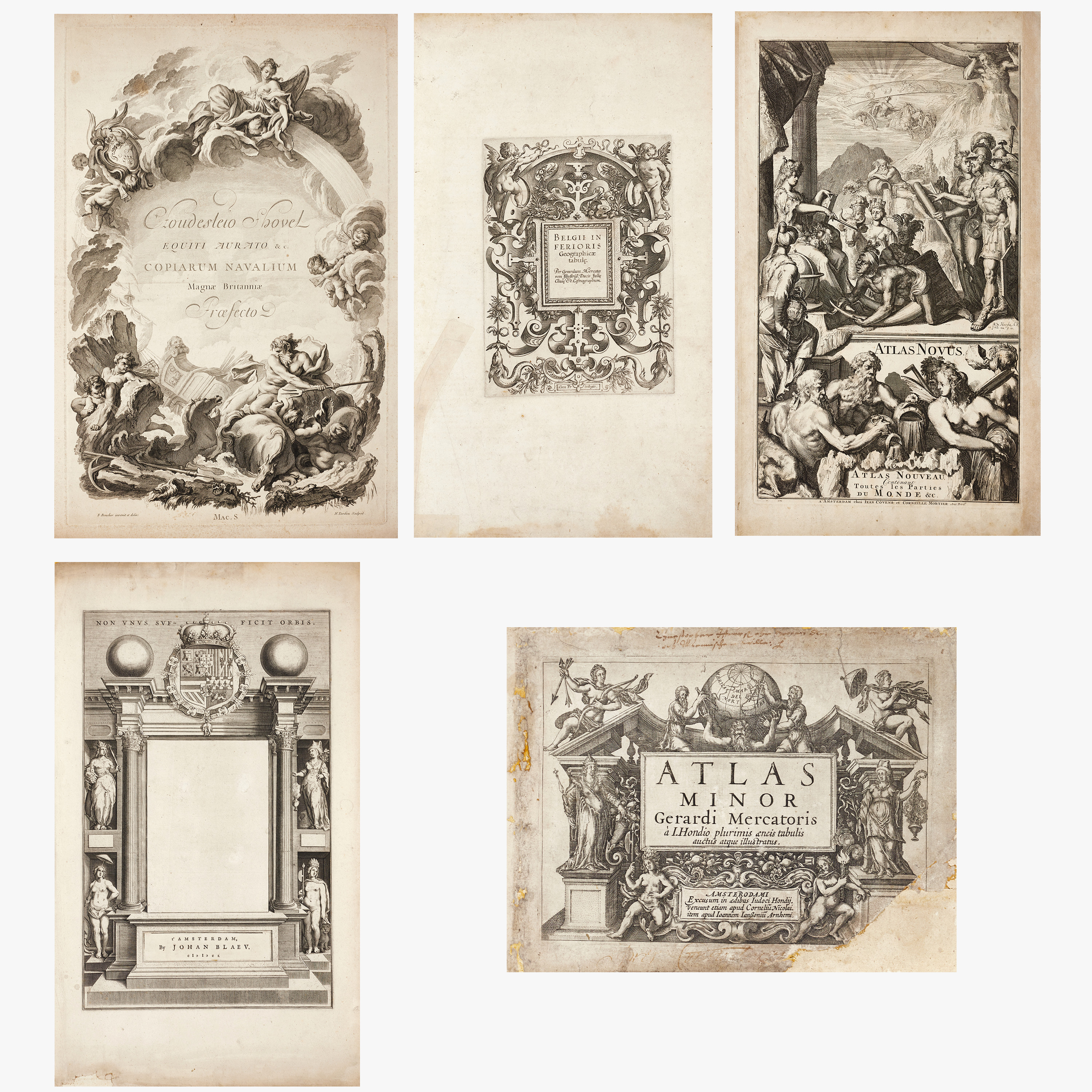 TITELBLAD (4+1), kopparstick och etsning, ur olika Atlaser, 16/1700-tal.