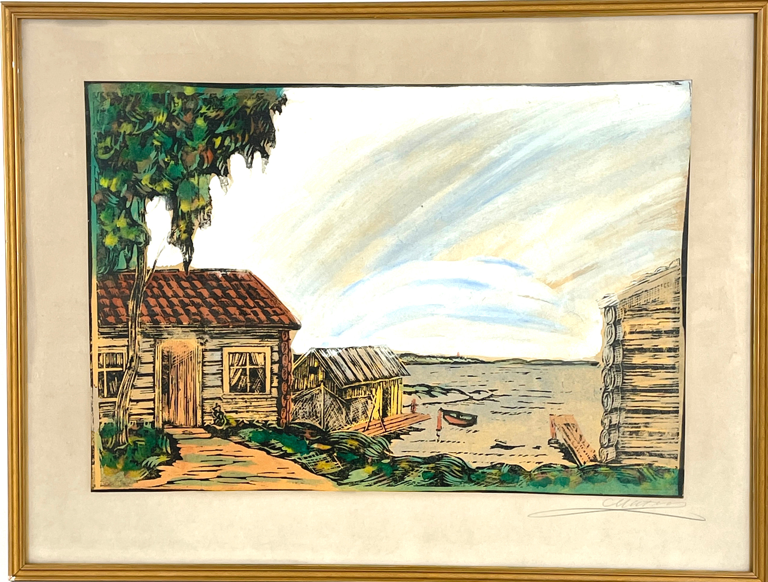 OIDENTIFIERAD KONSTNÄR, handkolorerat träsnitt, Fiskarstuga vid vattnet, signerad.