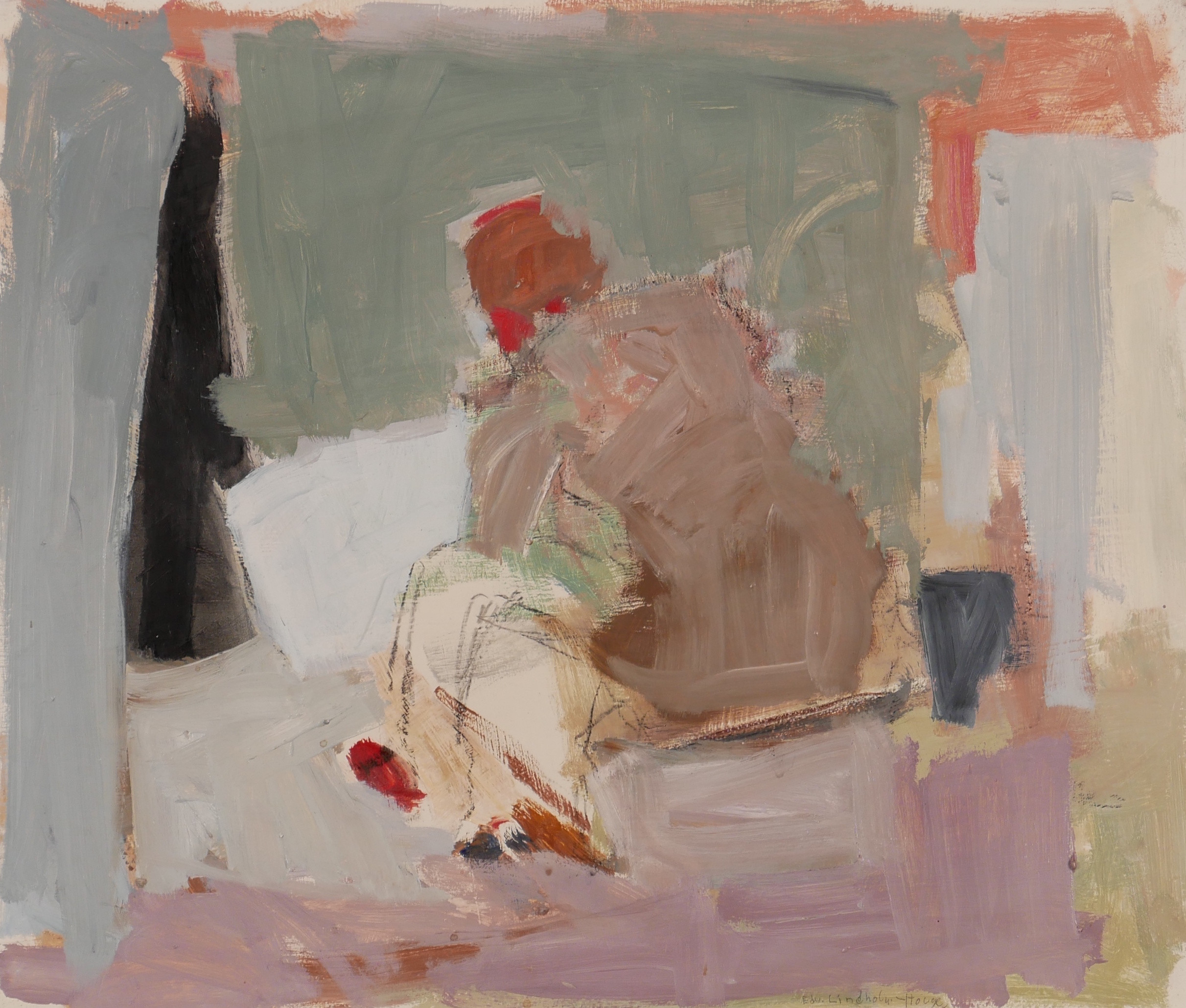 EDVIN LINDHOLM-HOUGE. Interiör med man, olja på pannå, signerad Edv. Lindholm-Houge.