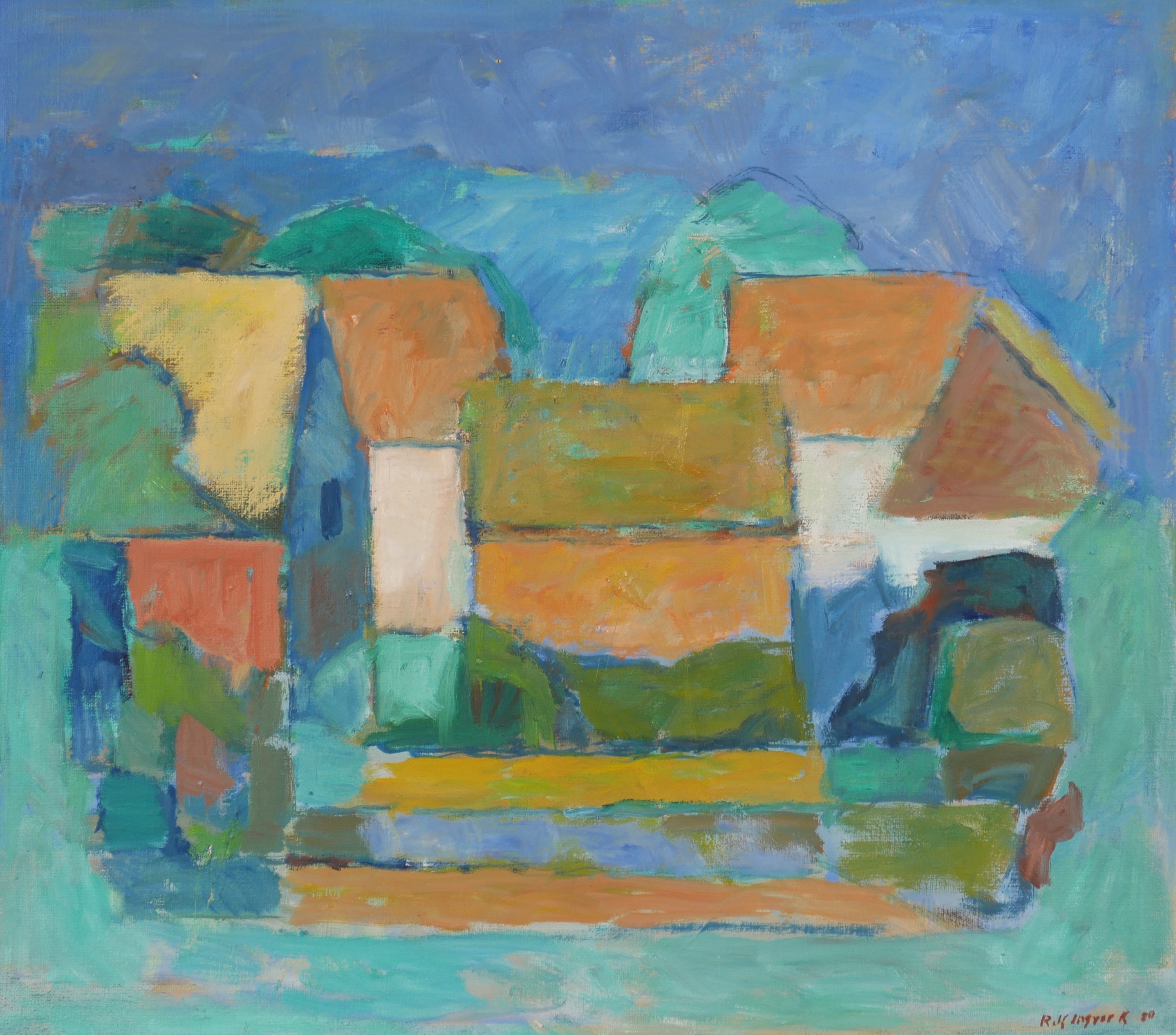 ROLF INGVAR KARLSSON. "Ölandsby", olja på duk, signerad Rolf Ingvar K 20.