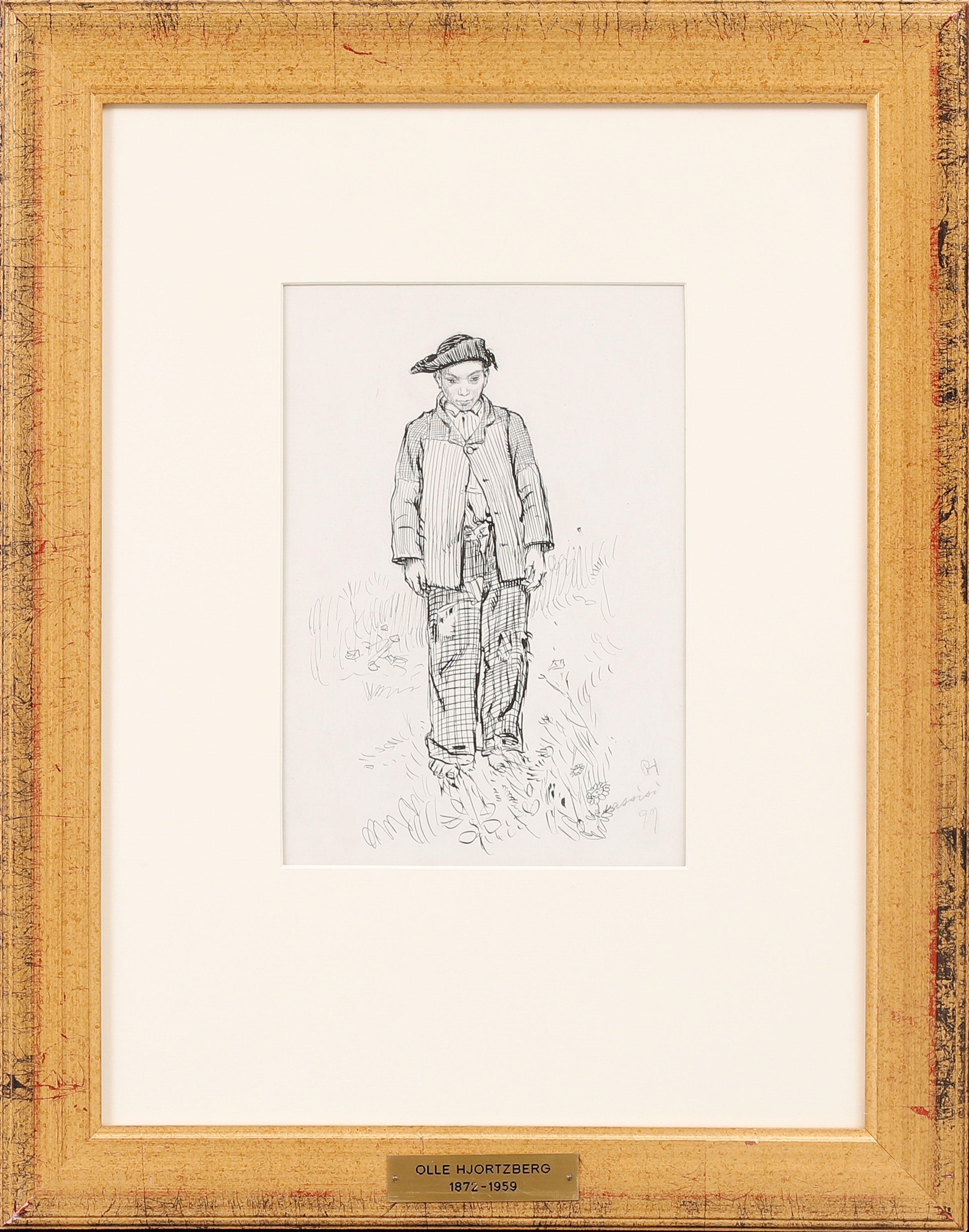 OLLE HJORTZBERG. Pojke från Assisi, tusch, signerad och daterad -99.