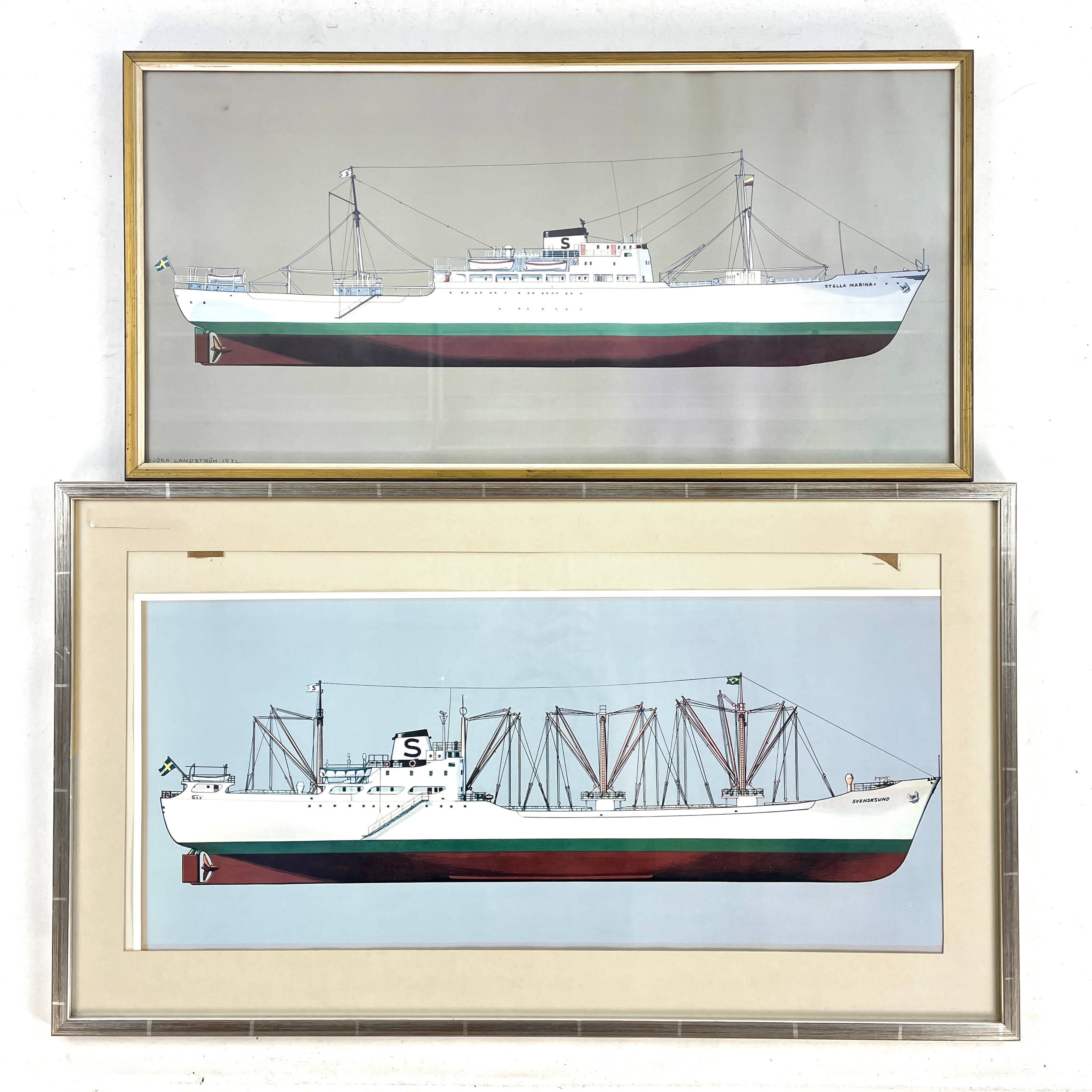 OFFSETTRYCK, 2 st, Efter, Björn Landström (1917 - 2002), motiv av skepp, signerade i trycket, 1970-tal.