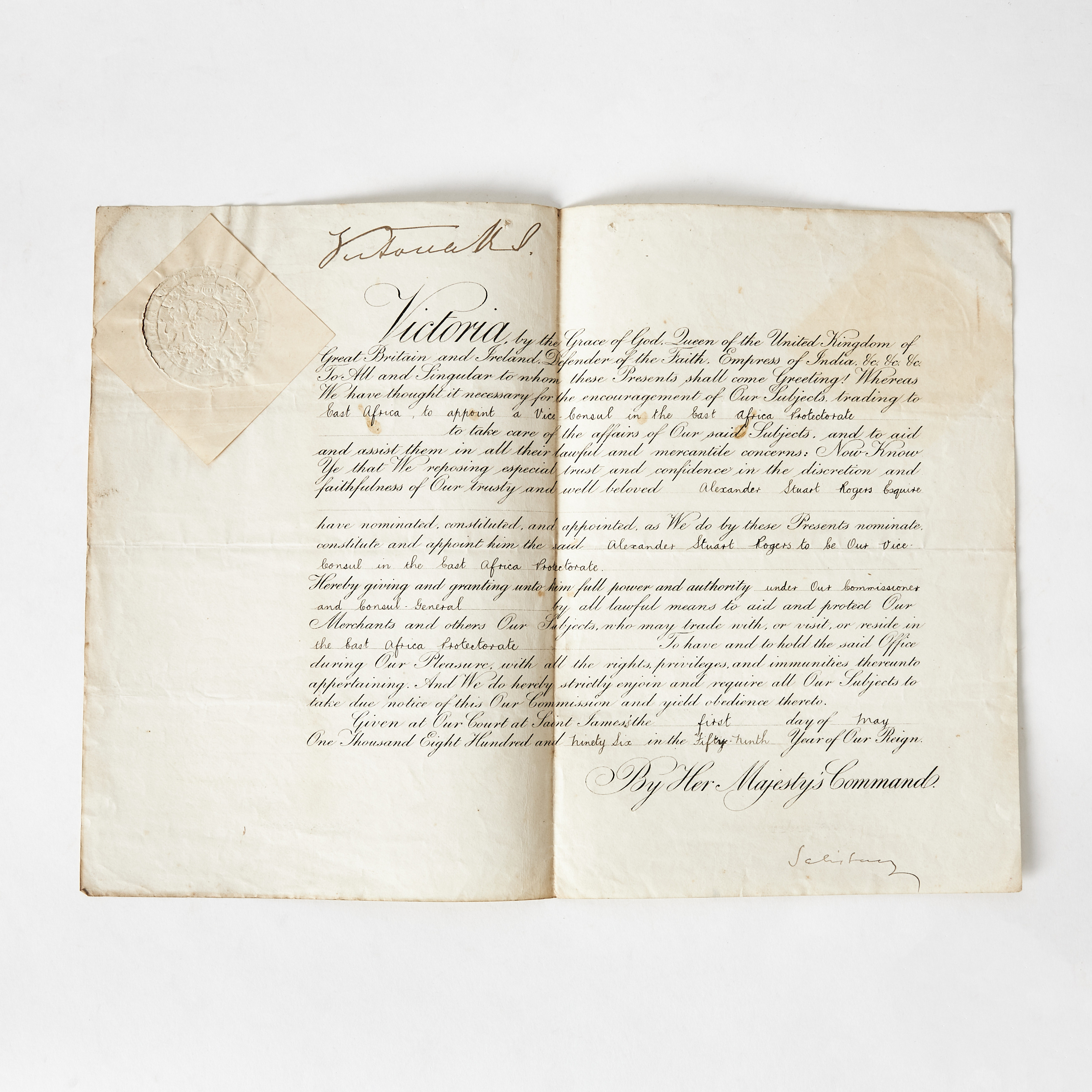 QUEEN VICTORIA, DOCUMENT SIGNED, 1896, Appointment for Vice-Consul in East Africa Protectorate.