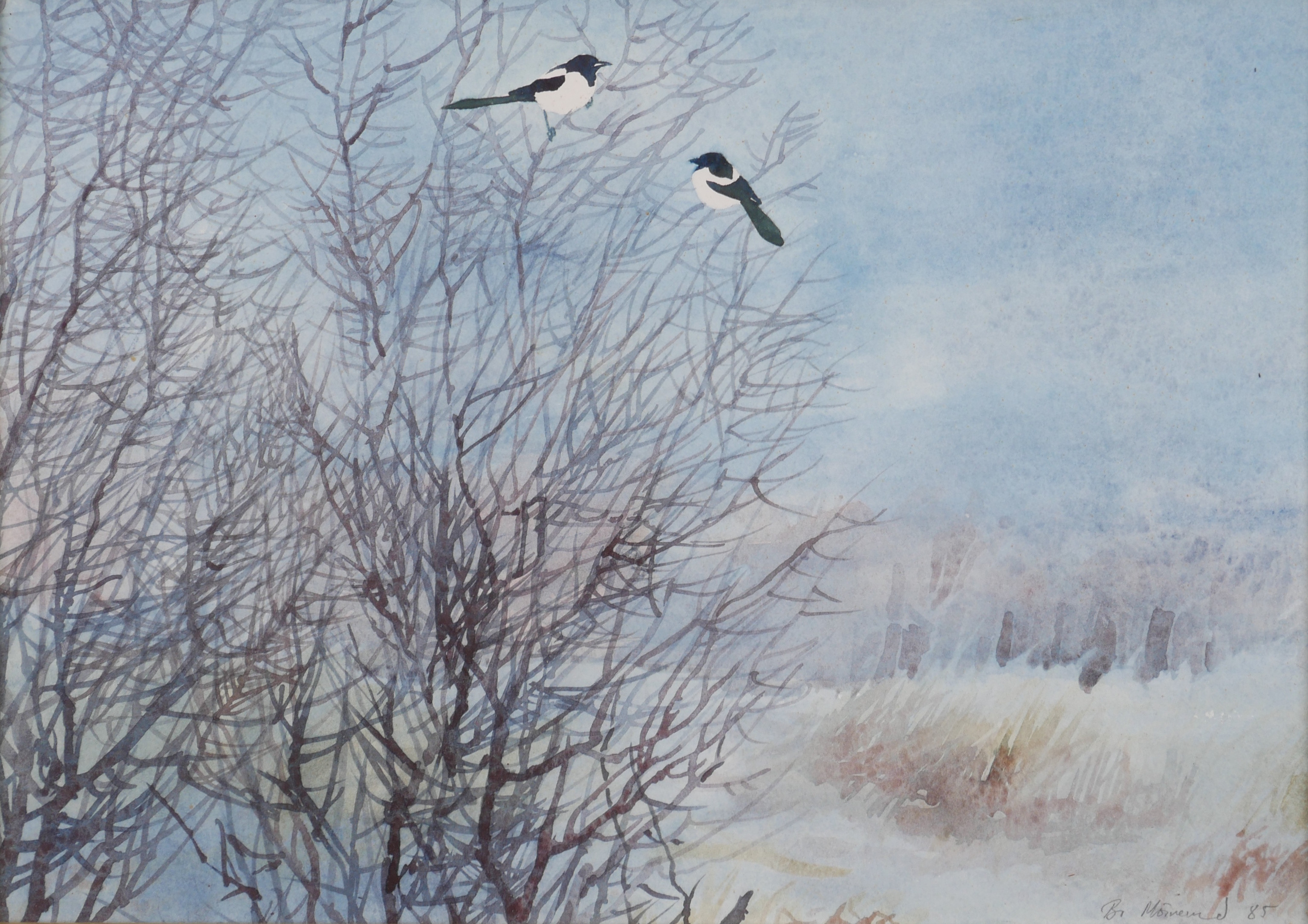 BO MÖRNERUD. Skator, akvarell, signerad Bo Mörnerud 85.