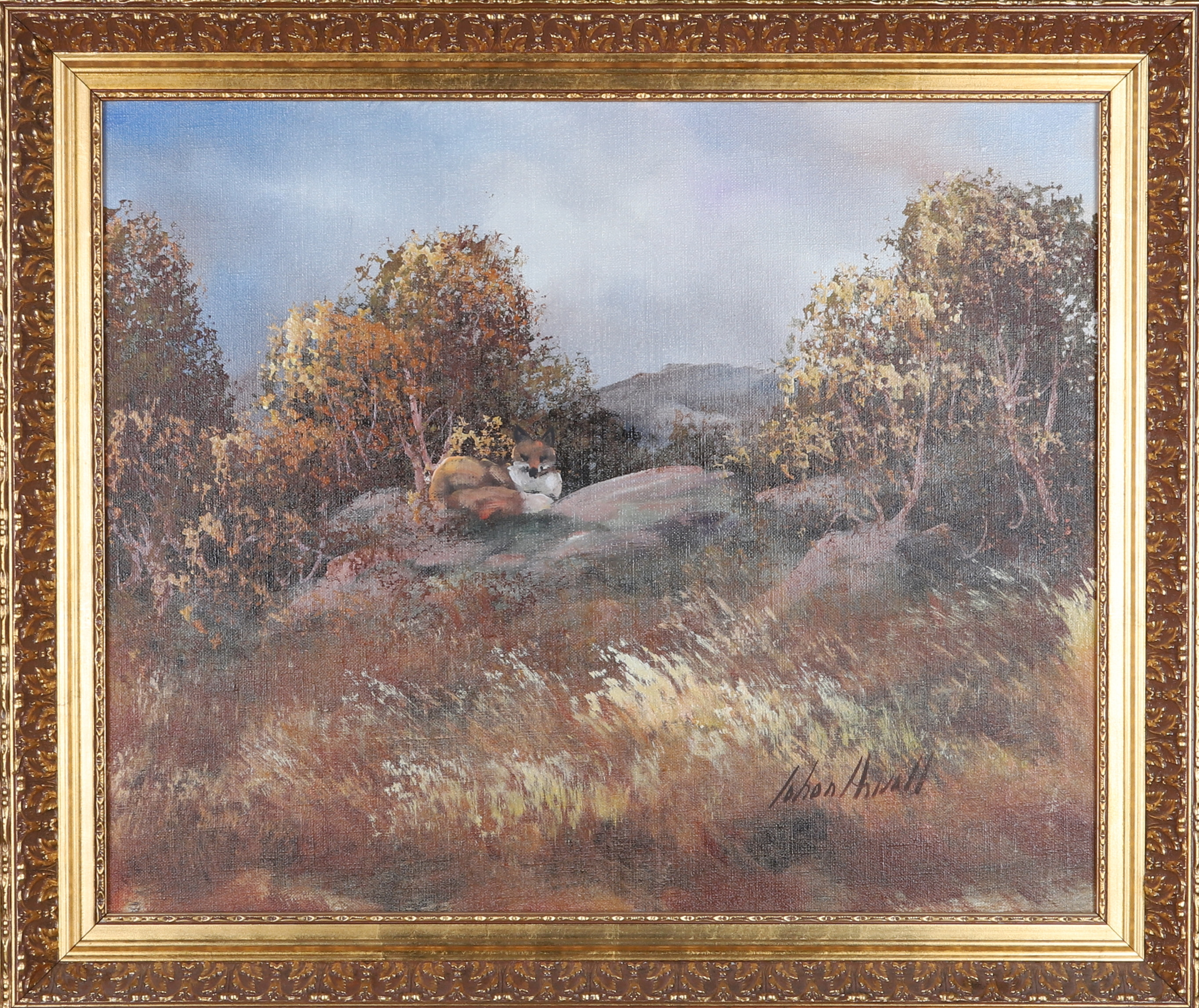 JOHAN ARVALL. Olja på duk, räv i höstlandskap, signerad.