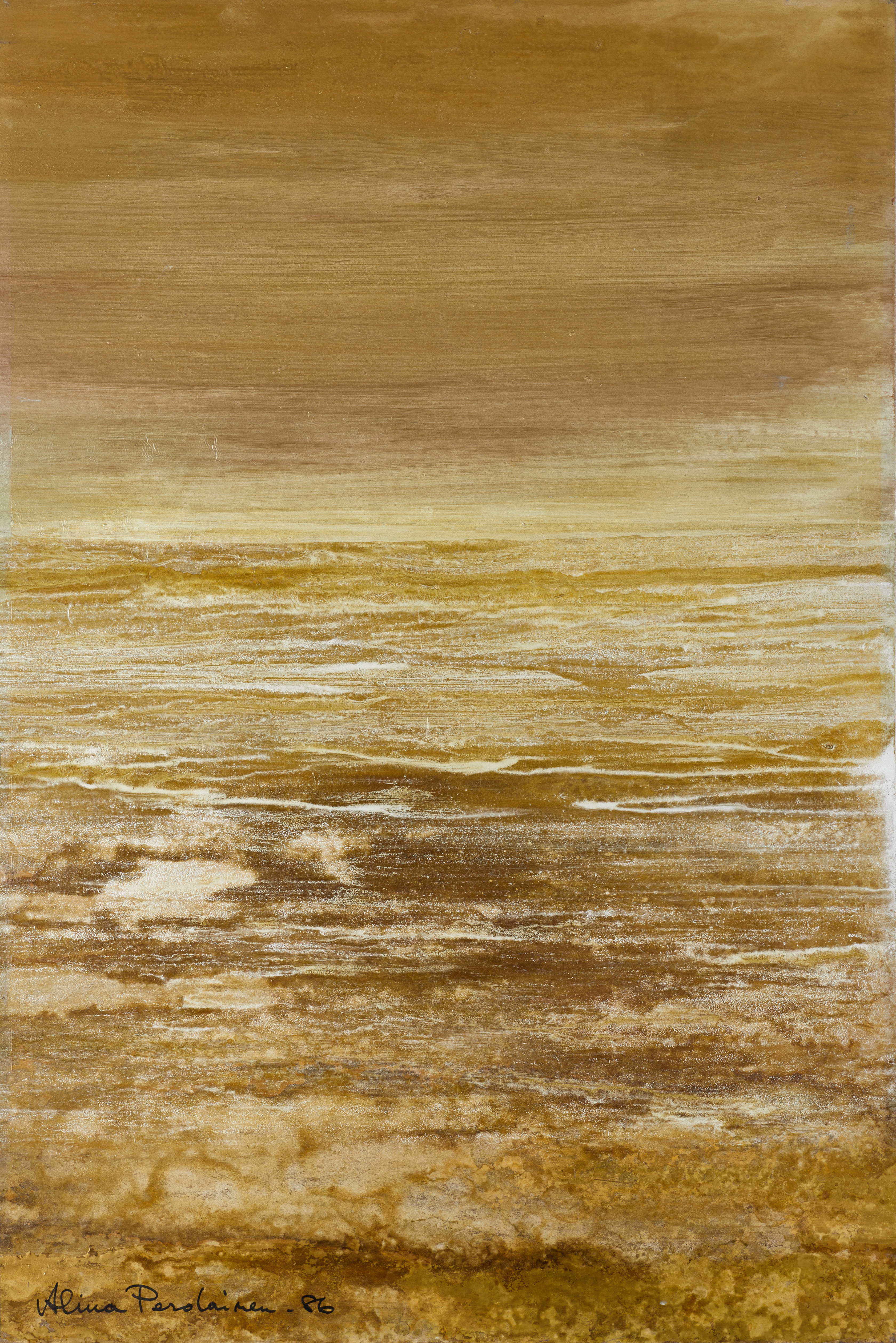 ALINA PEROLAINEN (1937-2004), Komposition, signerad och daterad 1986, olja/blandteknik på pannå.