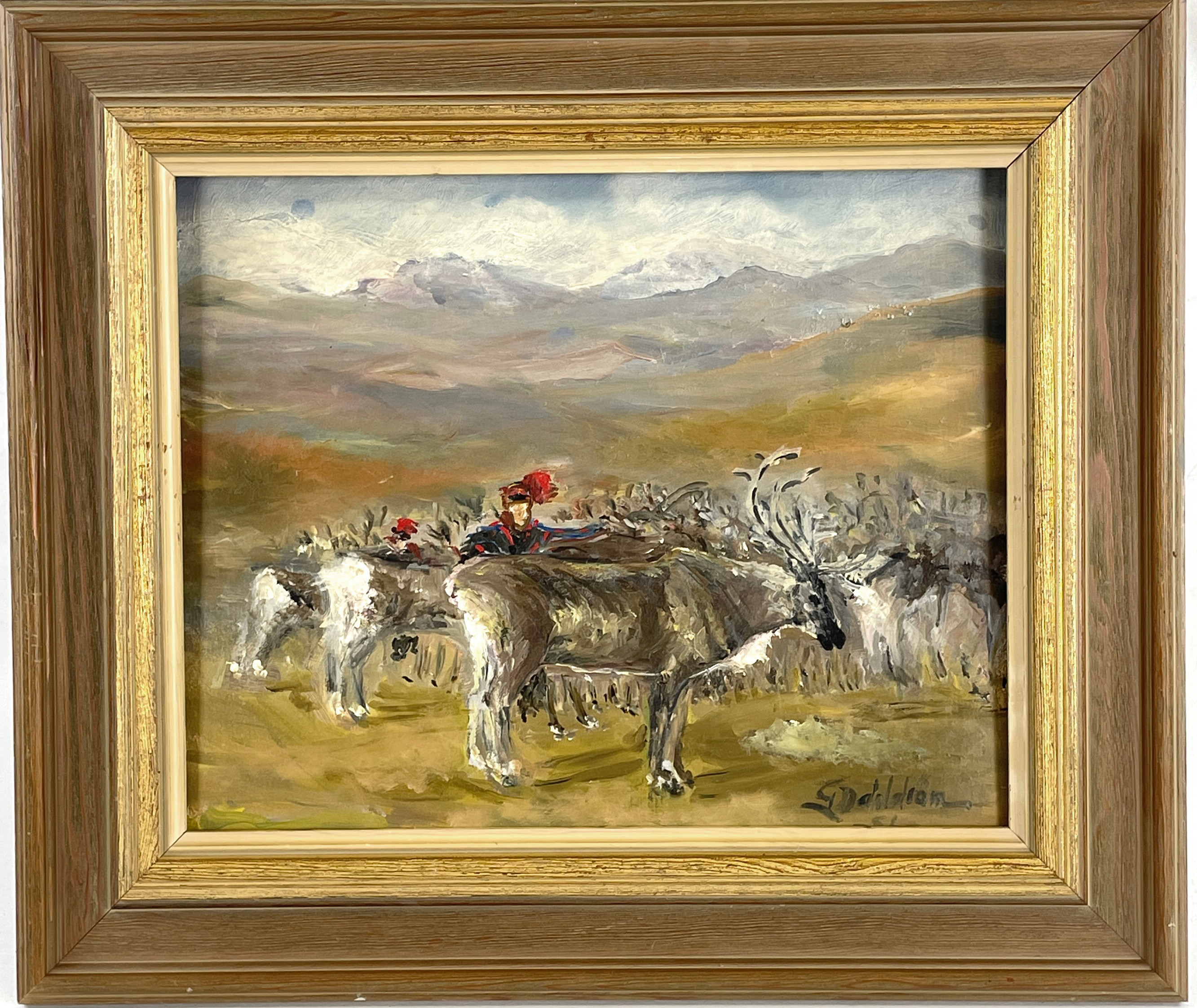 GUNNAR DAHLSTRÖM, olja på pannå, "Ren-skiljnig, Rautas, 1954", signerad G. Dahlström samt daterad -56.