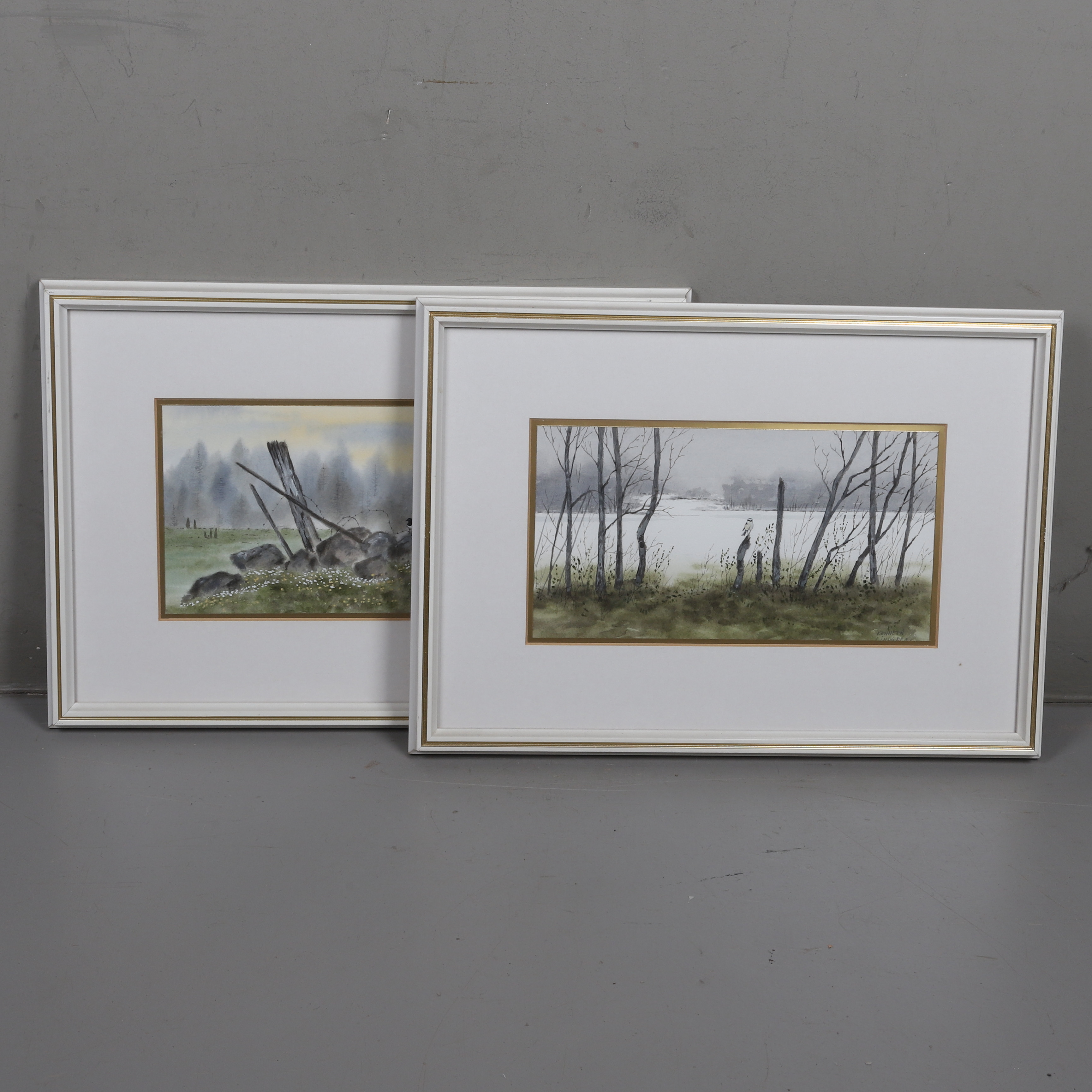 KENNETH LINDGREN. Akvarell, 2 st, fåglar i landskap, signerad.