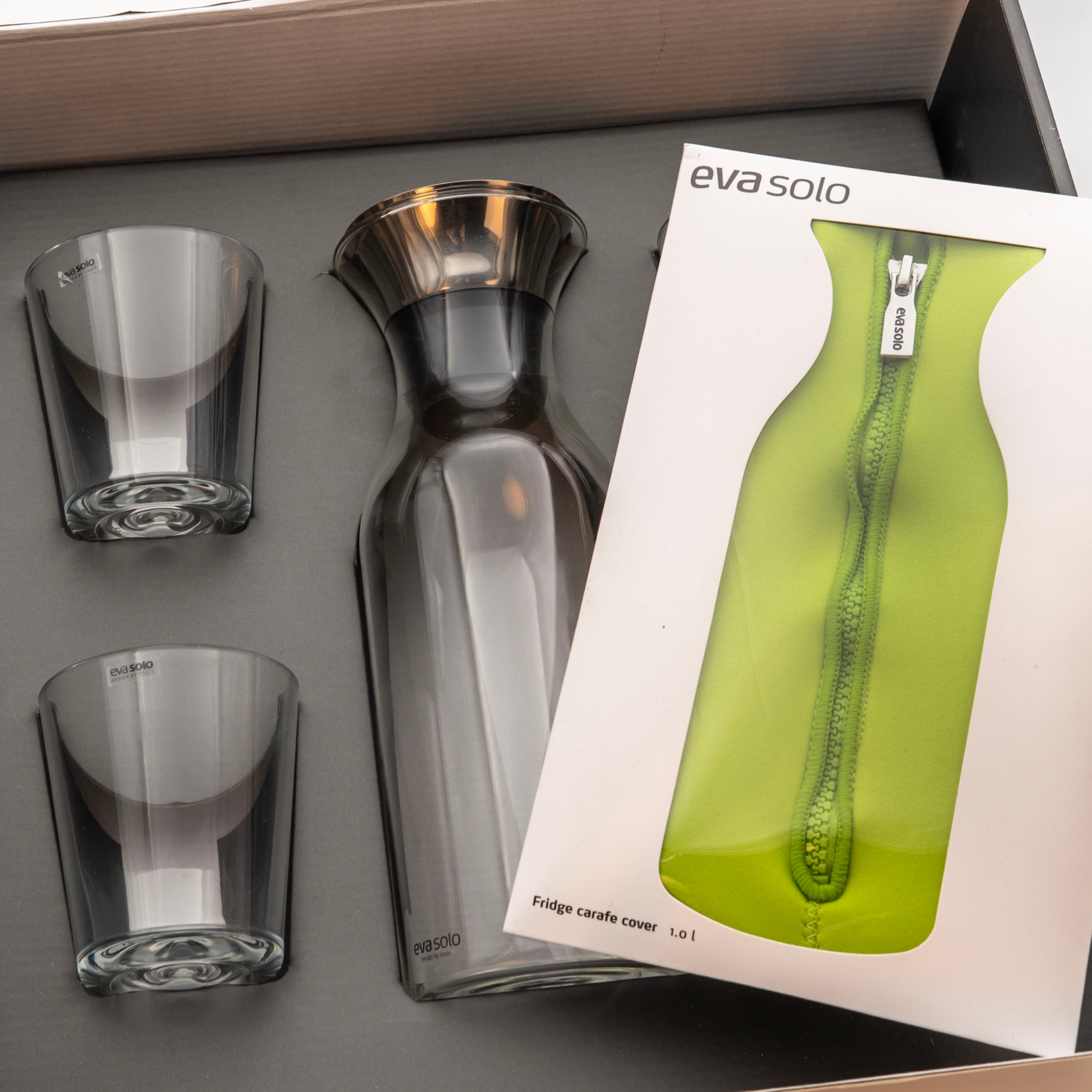 EVA SOLO. Karaff, Glas, Metall, 5 delar.