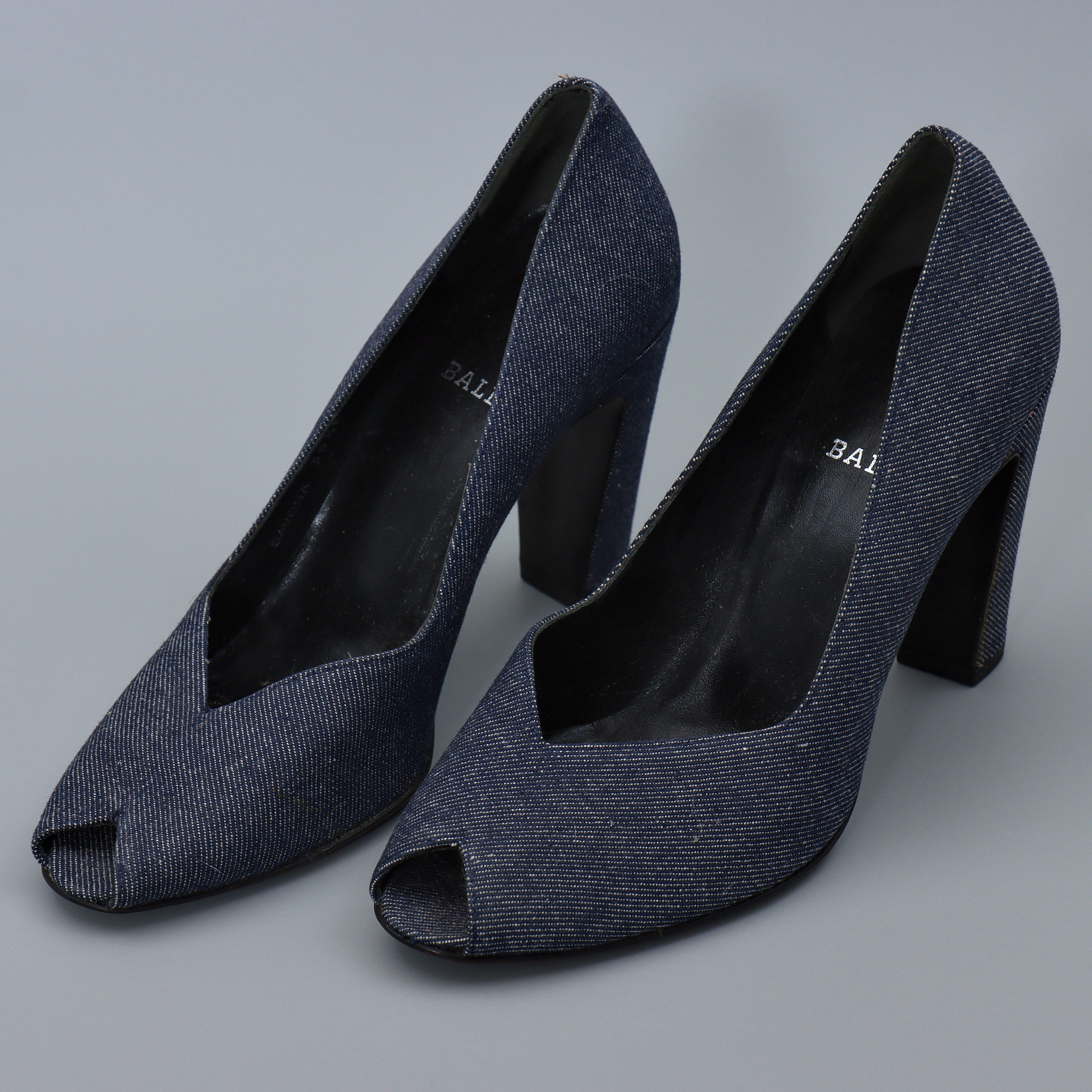 BALLY "SAVONA", BLUE JEAN PEEP-TOE HEELS, MADE IN ITALY.